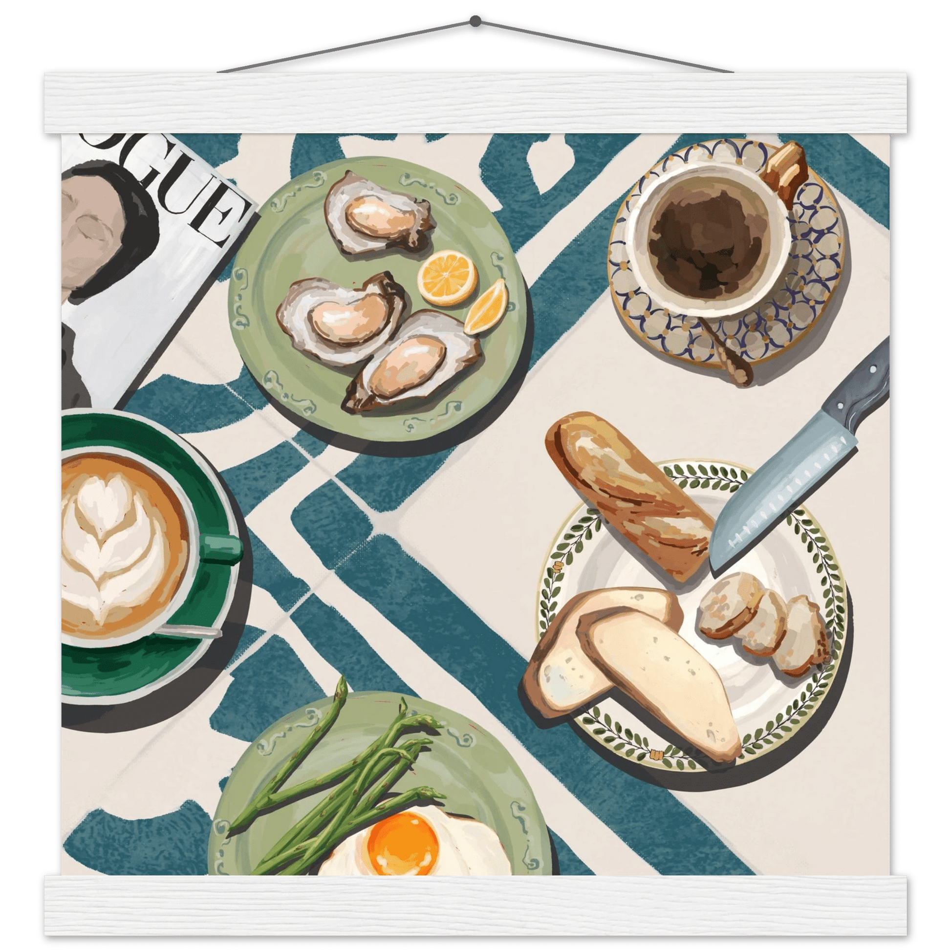 Oysters & Vogue Brunch Poster | Luxury Kitchen Wall Art | Blue Tile Square Print - Evergreen Posters - 36