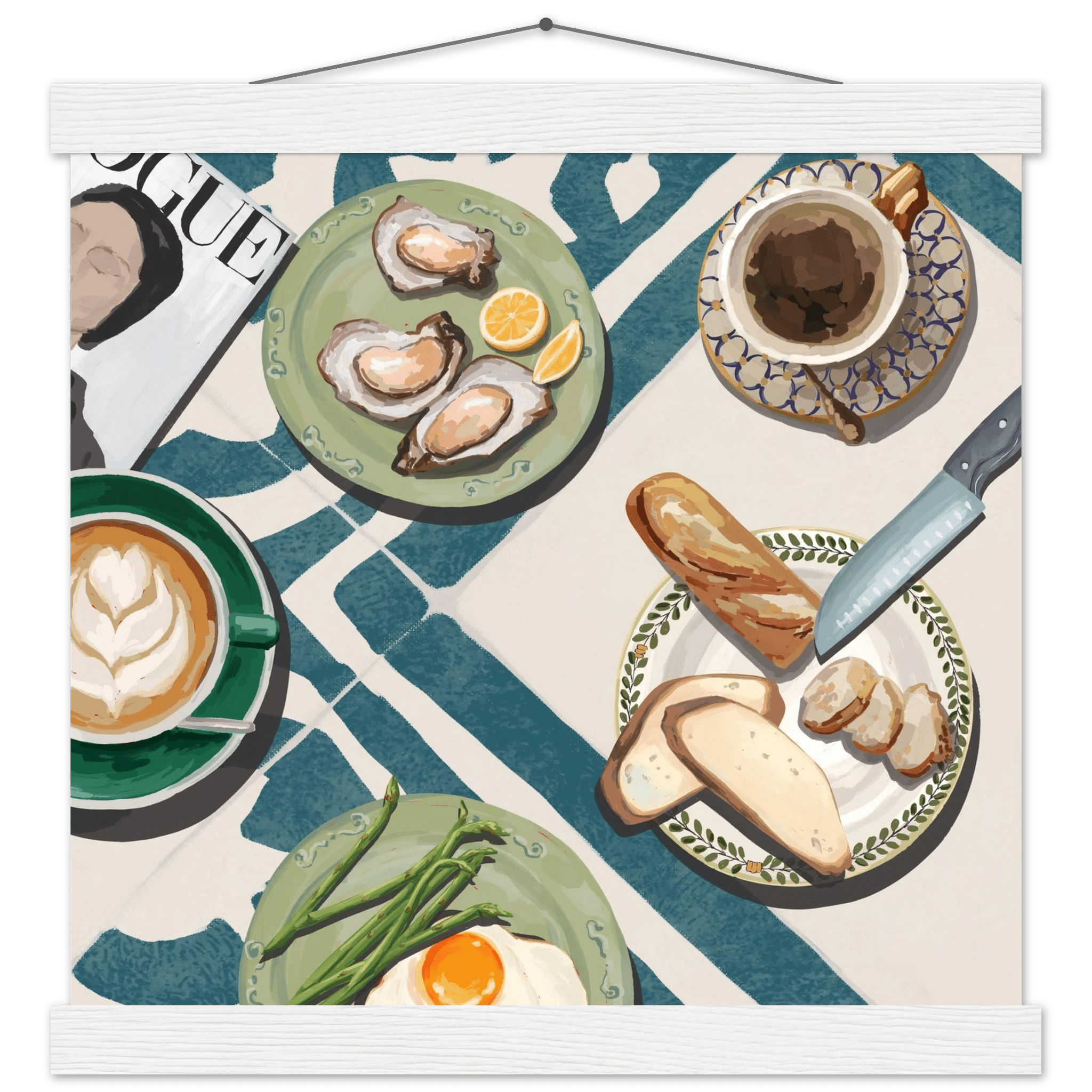 Oysters & Vogue Brunch Poster | Luxury Kitchen Wall Art | Blue Tile Square Print - Evergreen Posters - 36