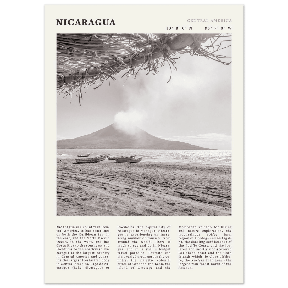 Nicaragua Poster | Black & White Volcano Wall Art | Central America Travel Print - Evergreen Posters
