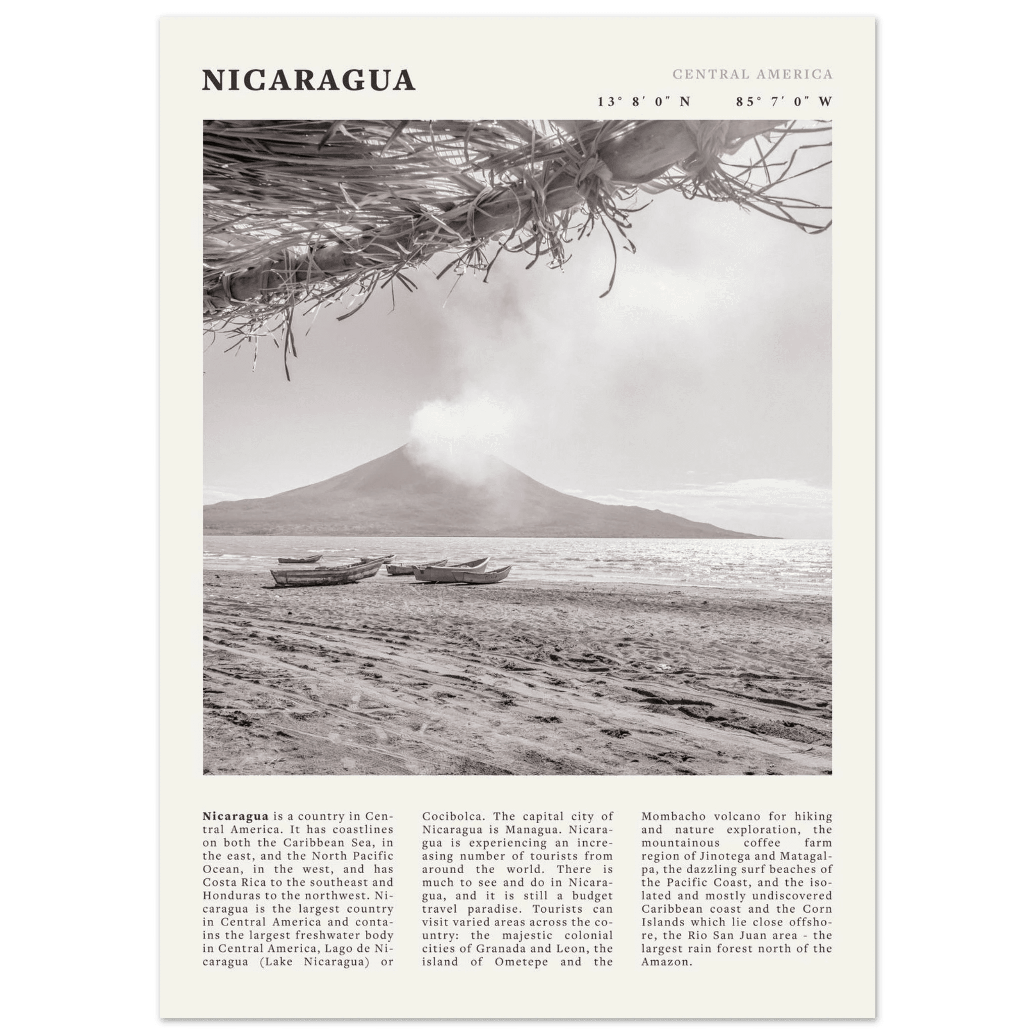 Nicaragua Poster | Black & White Volcano Wall Art | Central America Travel Print - Evergreen Posters