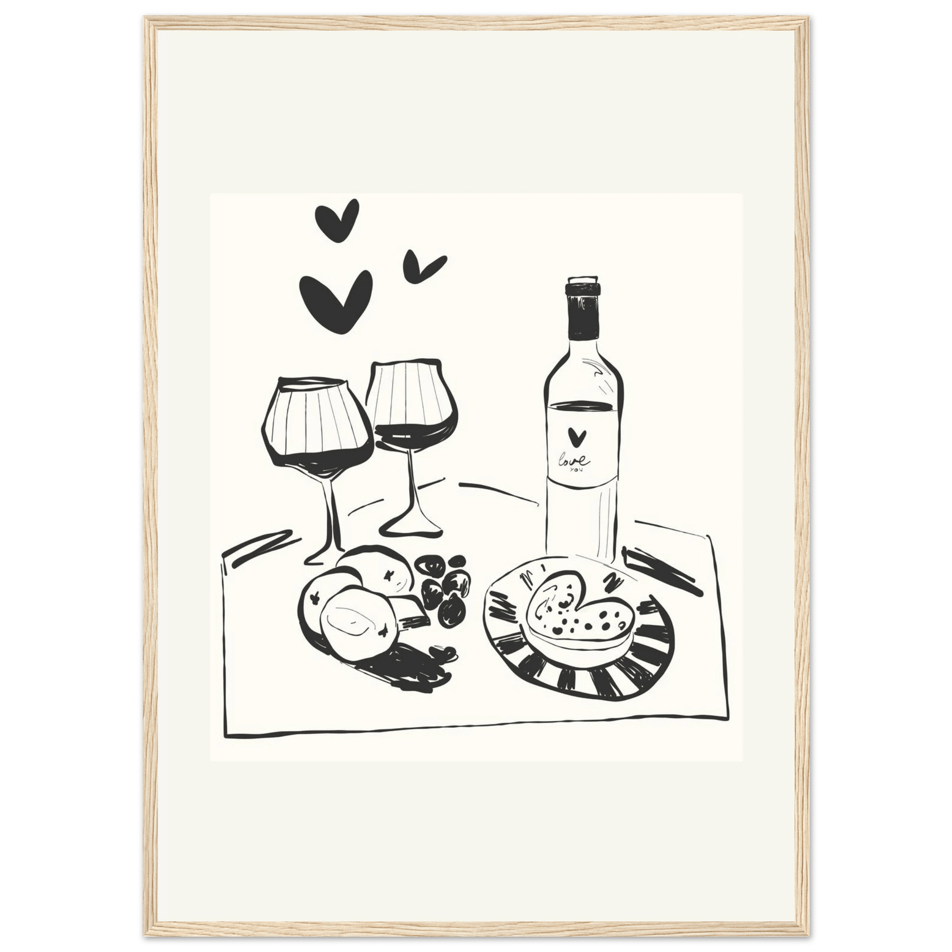 Wine for Two Print | Black Line Art Romantic Kitchen Wall Art | Couples Poster - Evergreen Posters