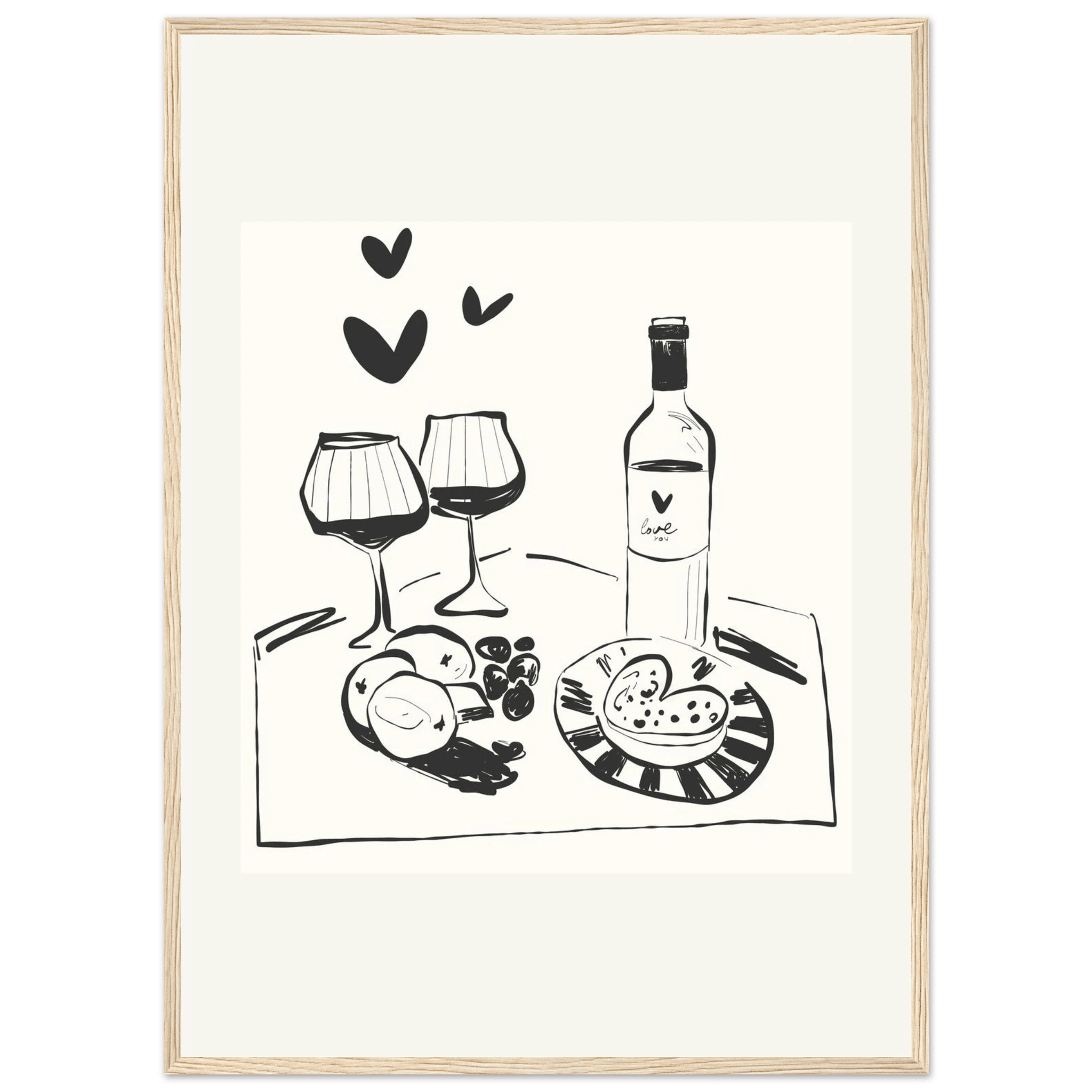 Wine for Two Print | Black Line Art Romantic Kitchen Wall Art | Couples Poster - Evergreen Posters