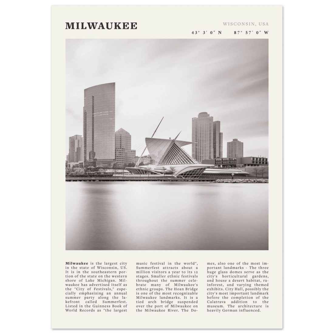 Milwaukee Poster | Black & White Wisconsin City Wall Art | USA Travel Print - Evergreen Posters