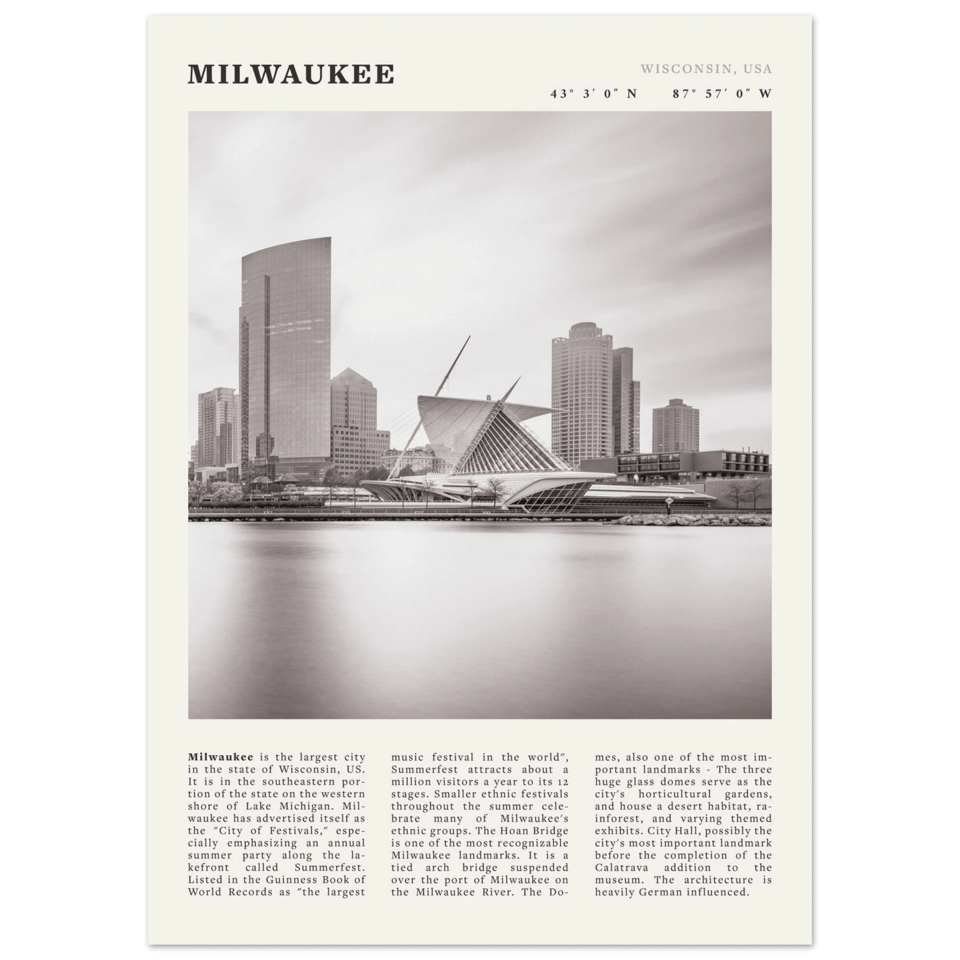 Milwaukee Poster | Black & White Wisconsin City Wall Art | USA Travel Print - Evergreen Posters