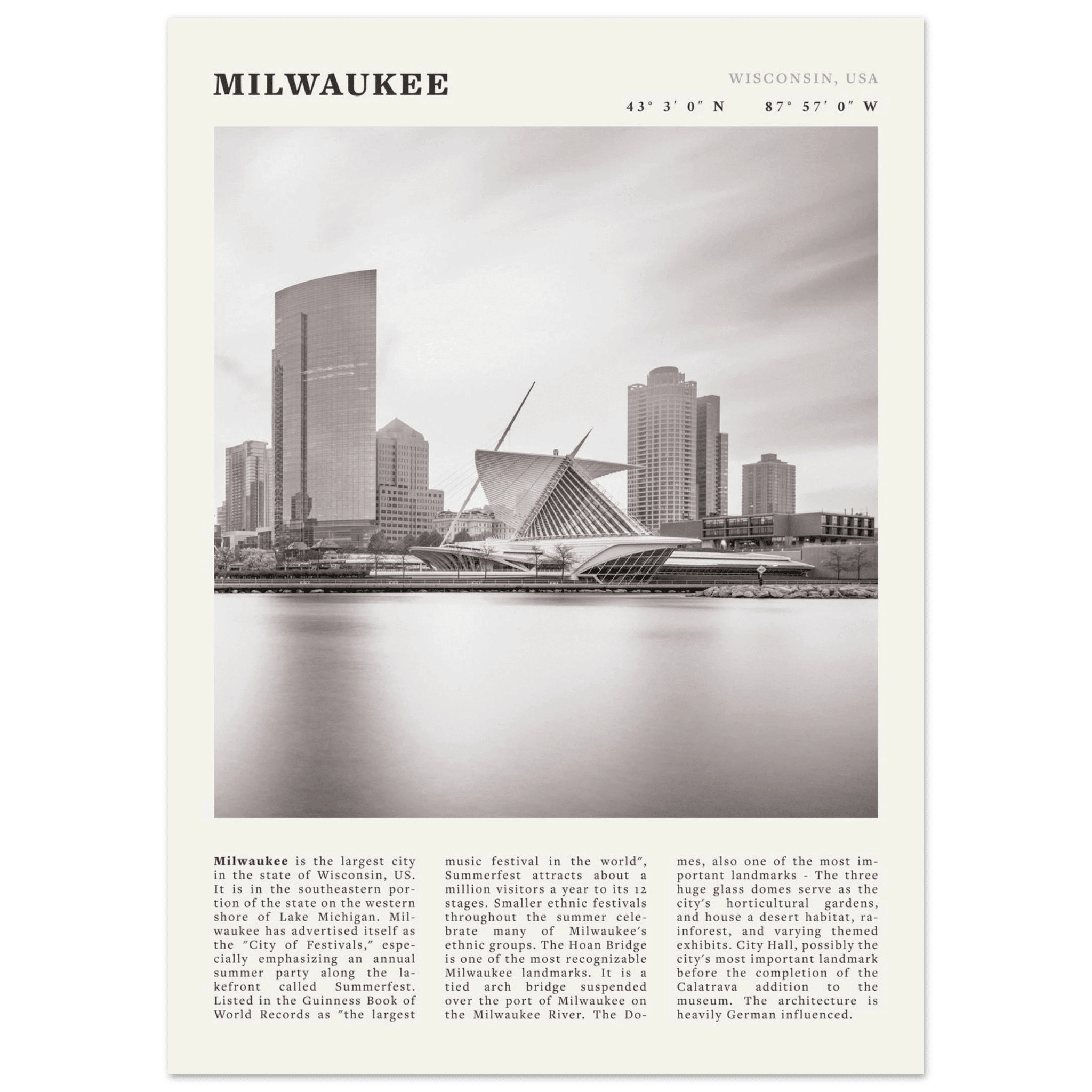 Milwaukee Poster | Black & White Wisconsin City Wall Art | USA Travel Print - Evergreen Posters