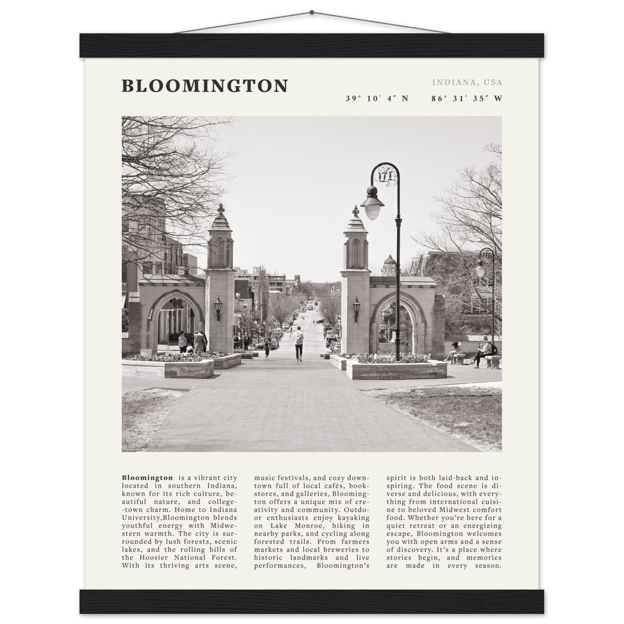 Bloomington Indiana Black and White Vintage Poster - Evergreen Posters