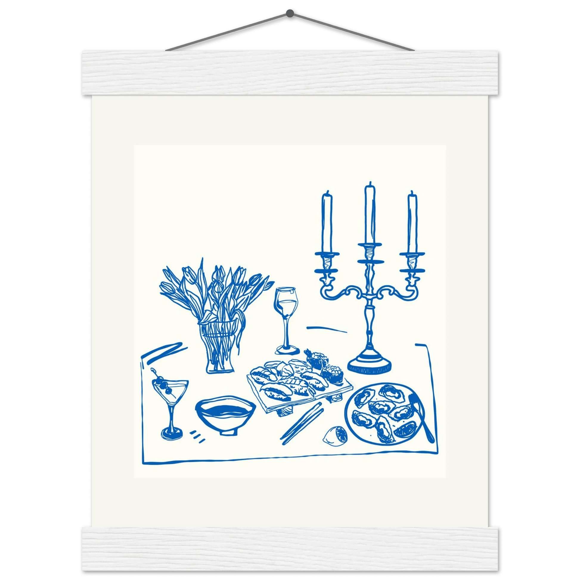 Fine Dining Table Print | Blue Line Art Kitchen Wall Art | Elegant Dining Room Poster - Evergreen Posters