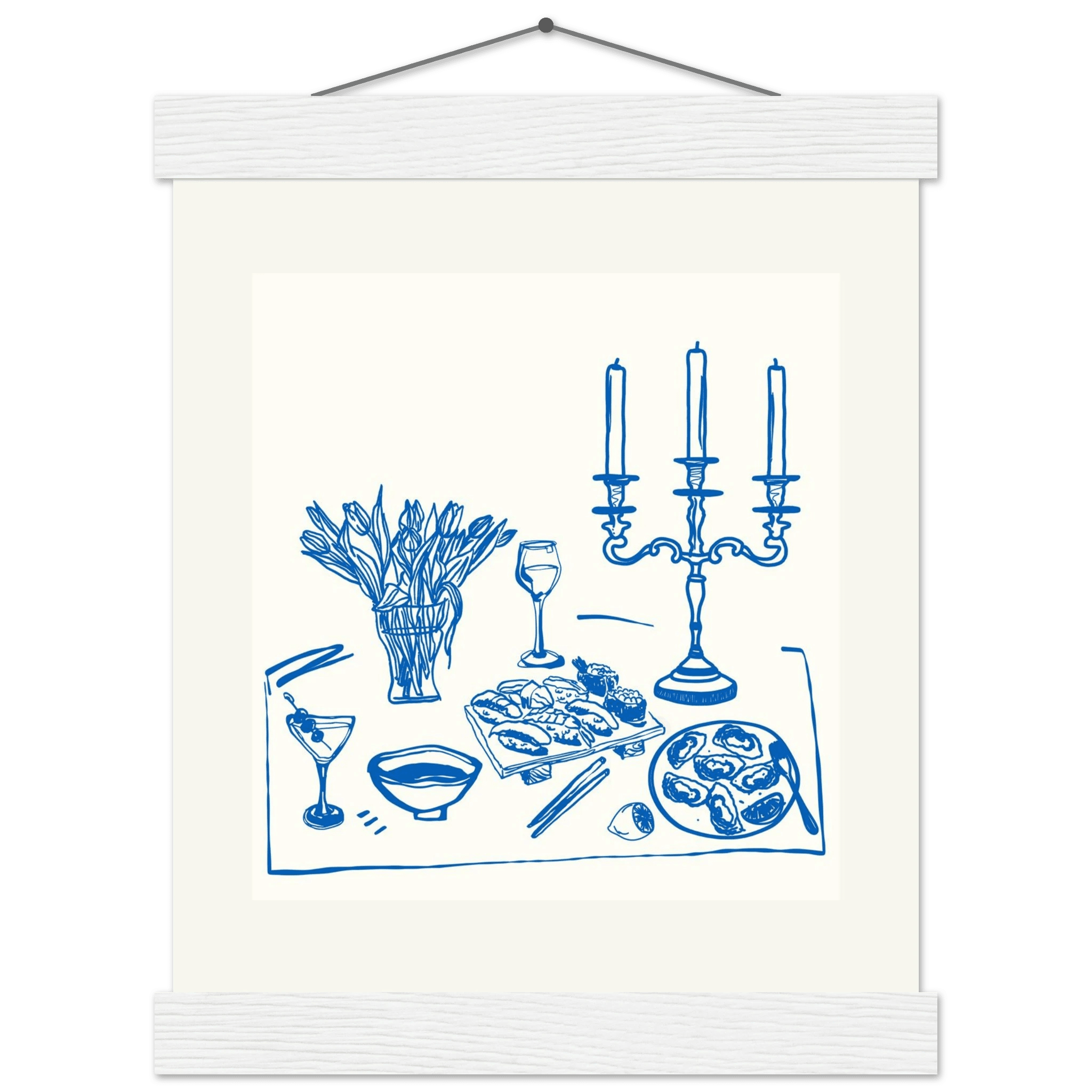 Fine Dining Table Print | Blue Line Art Kitchen Wall Art | Elegant Dining Room Poster - Evergreen Posters