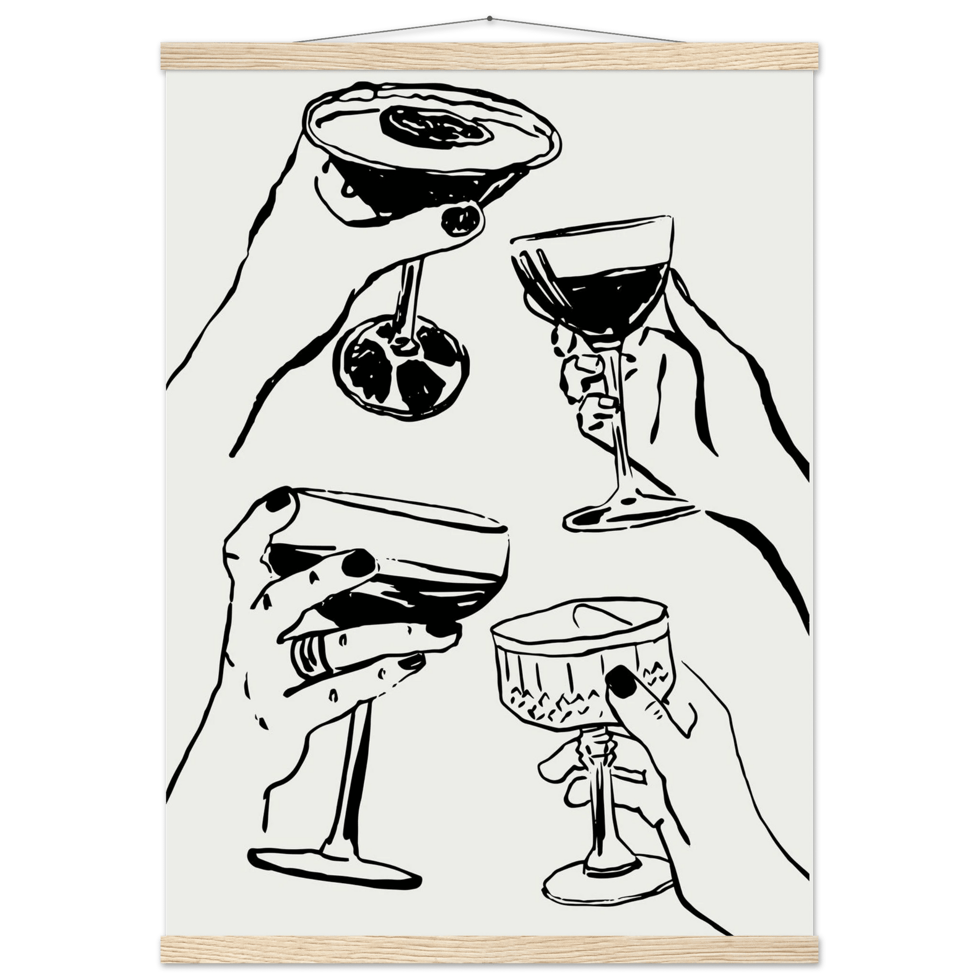 Cheers Print | Black Line Art Cocktail Glasses Wall Art | Kitchen Bar Poster - Evergreen Posters