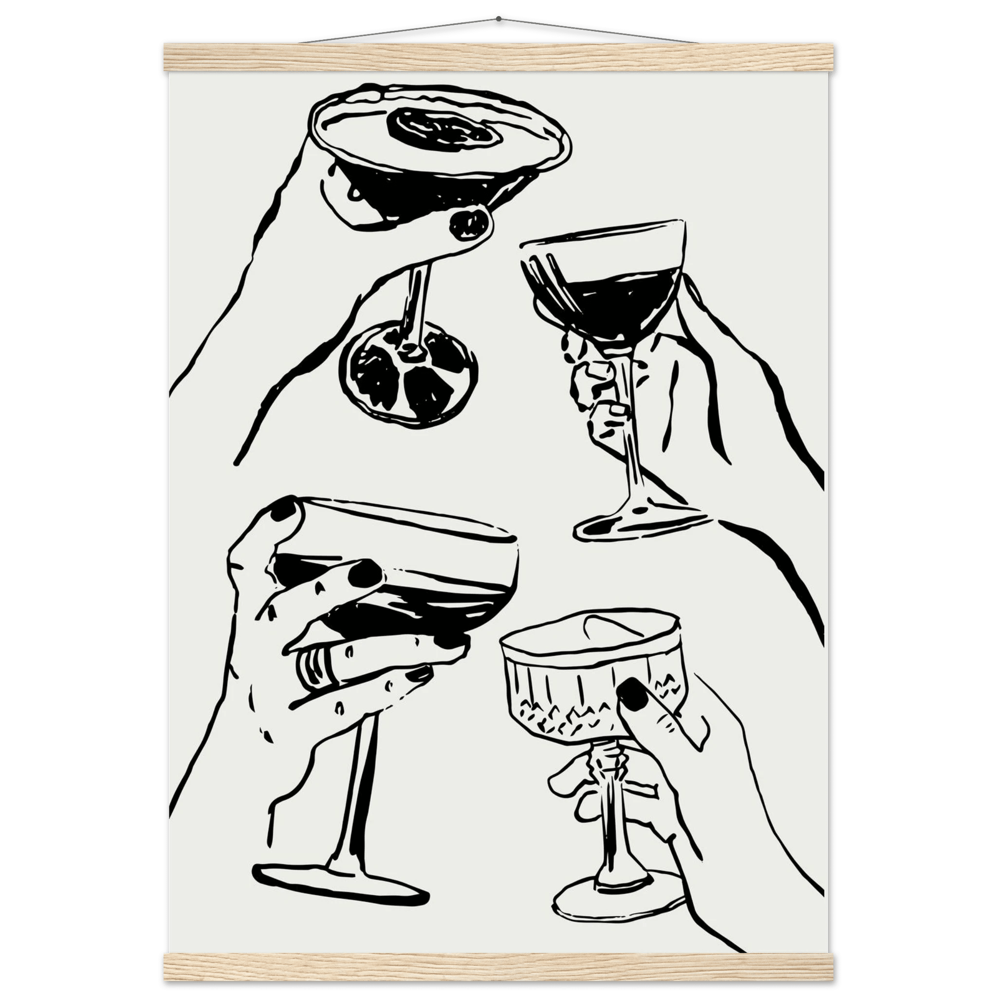 Cheers Print | Black Line Art Cocktail Glasses Wall Art | Kitchen Bar Poster - Evergreen Posters