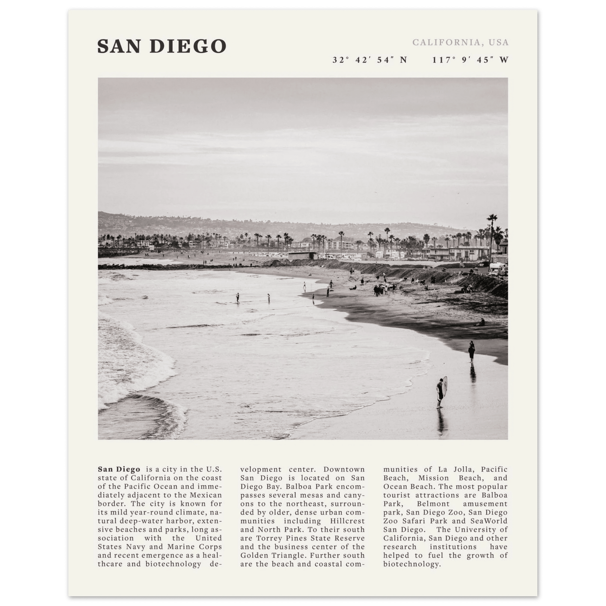 San Diego Poster | Black & White California Beach Wall Art | Coastal Travel Print Decor - Evergreen Posters