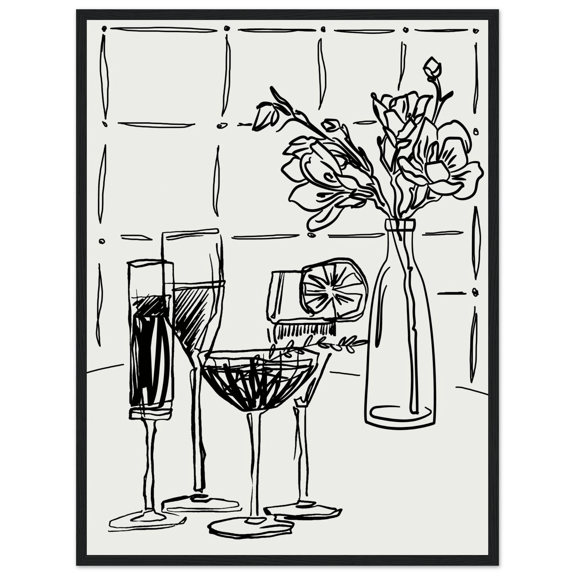 Cocktails & Flowers Print | Black Line Art Drinks Wall Art | Kitchen Bar Poster - Evergreen Posters
