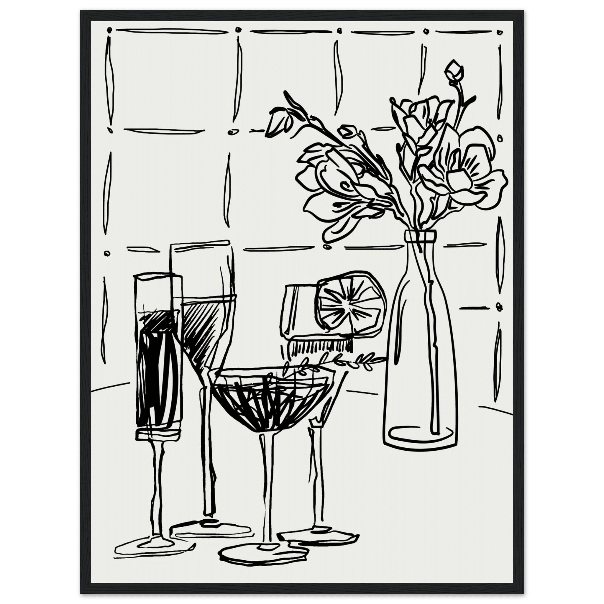 Cocktails & Flowers Print | Black Line Art Drinks Wall Art | Kitchen Bar Poster - Evergreen Posters