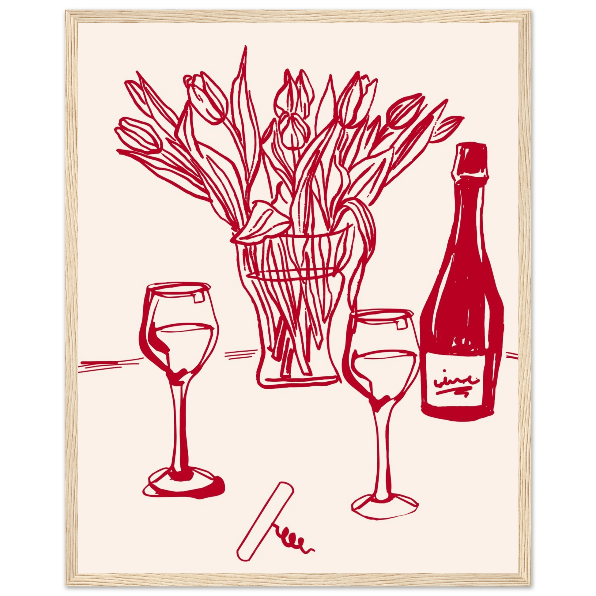 Red Wine & Tulips Print | Line Art Wine Bottle Wall Art | Kitchen Poster - Evergreen Posters