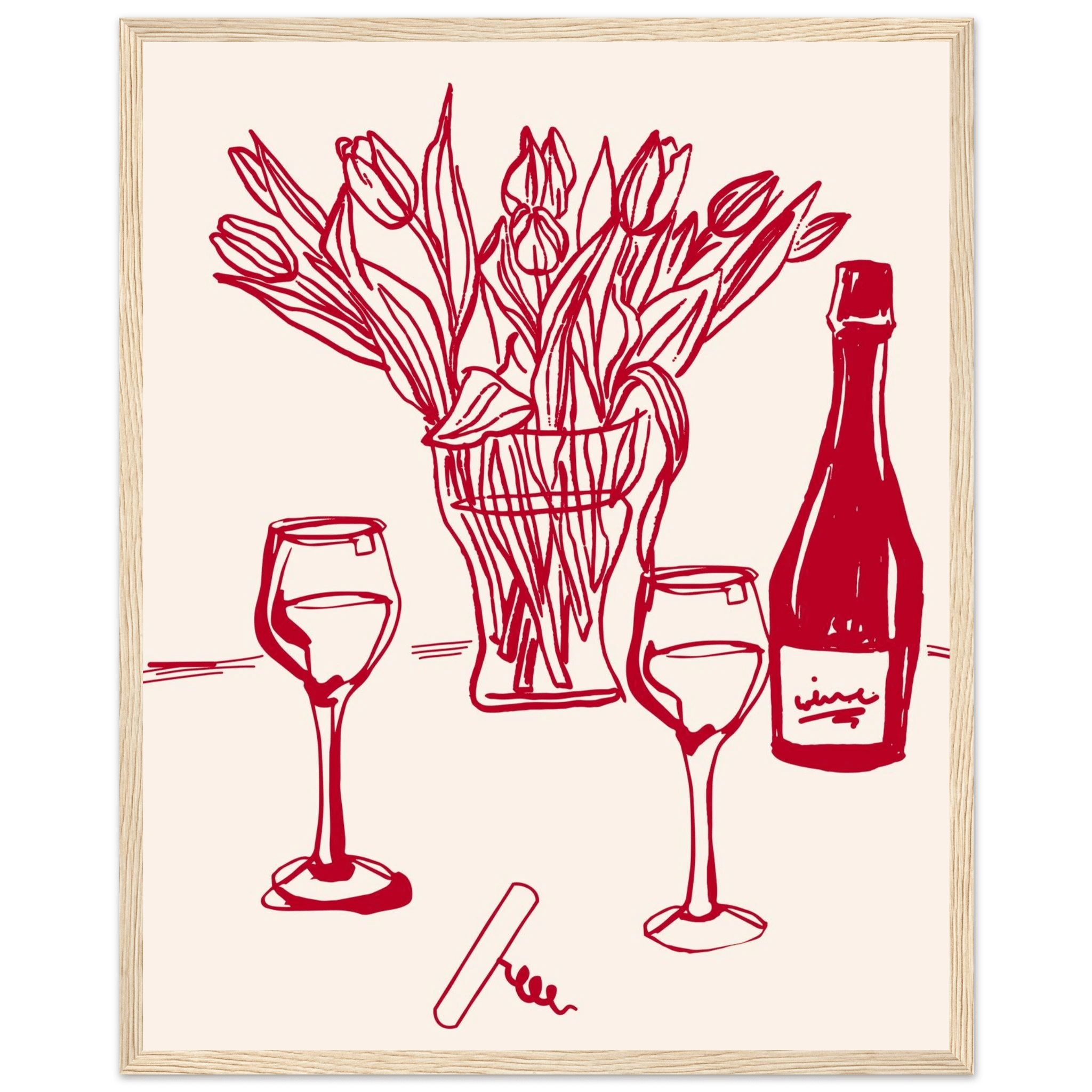 Red Wine & Tulips Print | Line Art Wine Bottle Wall Art | Kitchen Poster - Evergreen Posters