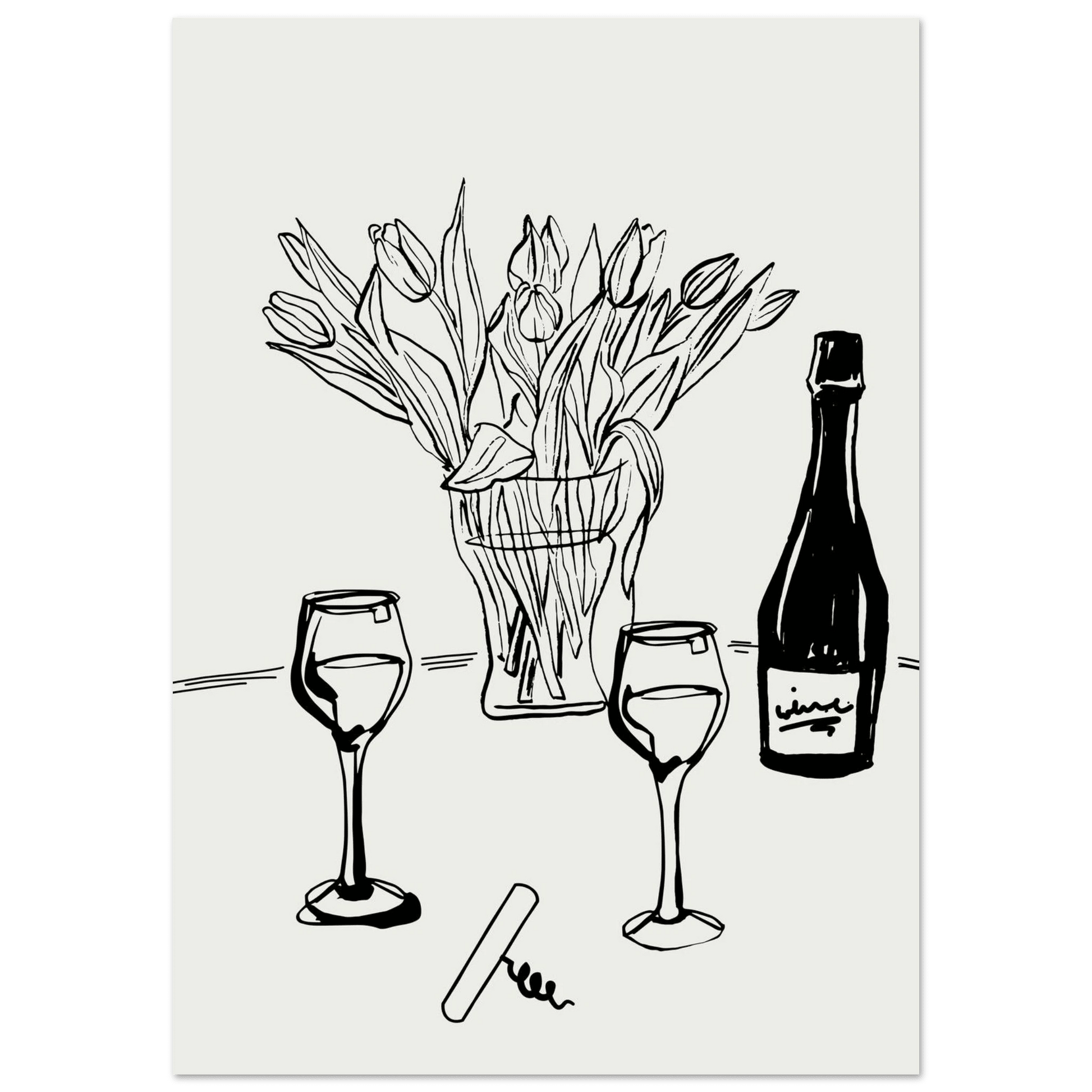 Wine & Tulips Print | Black Line Art Wine Bottle Wall Art | Minimalist Kitchen Poster - Evergreen Posters