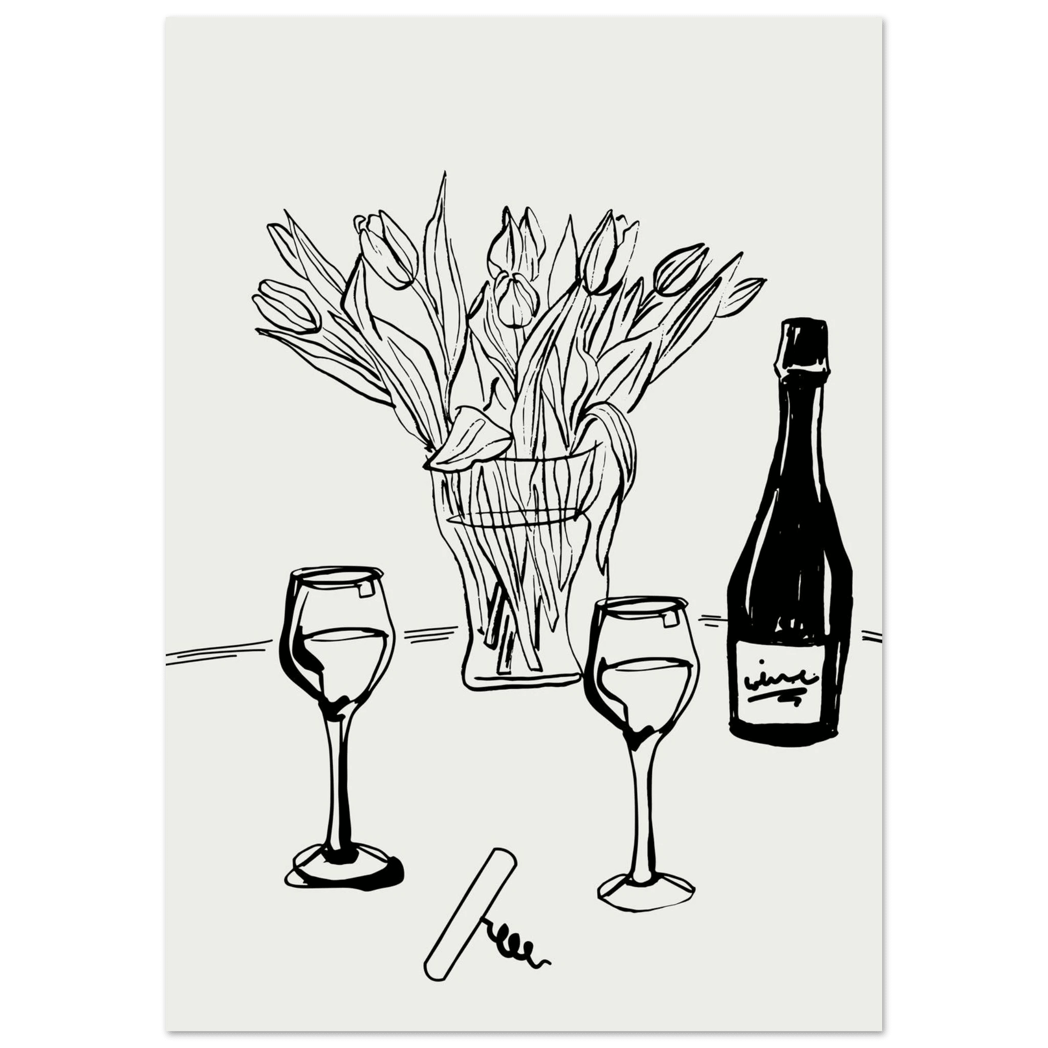 Wine & Tulips Print | Black Line Art Wine Bottle Wall Art | Minimalist Kitchen Poster - Evergreen Posters