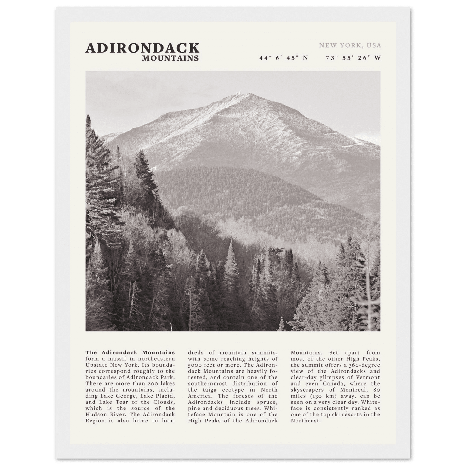 Adirondack Mountains Poster | Black & White New York Nature Wall Art | Hiking Print - Evergreen Posters