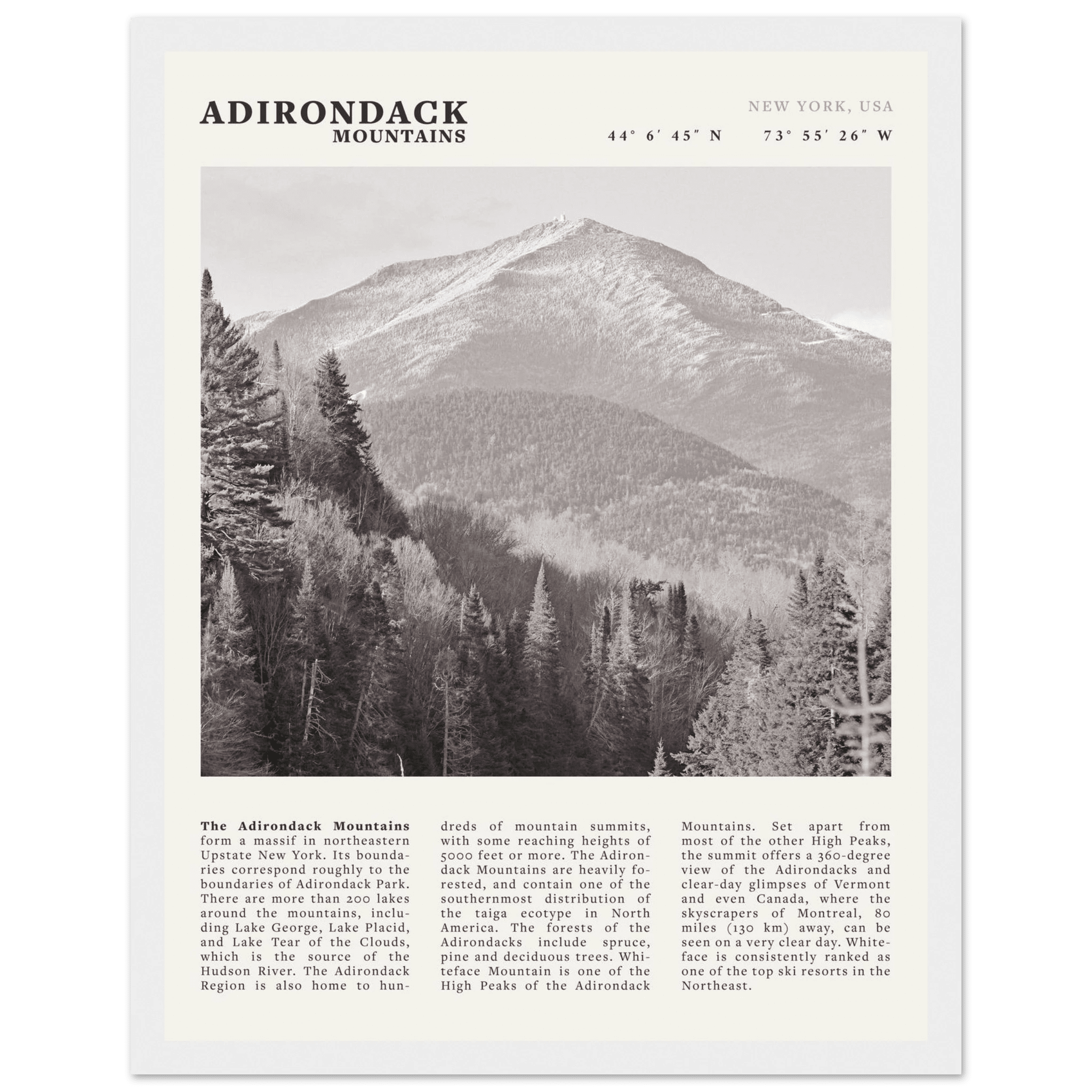 Adirondack Mountains Poster | Black & White New York Nature Wall Art | Hiking Print - Evergreen Posters