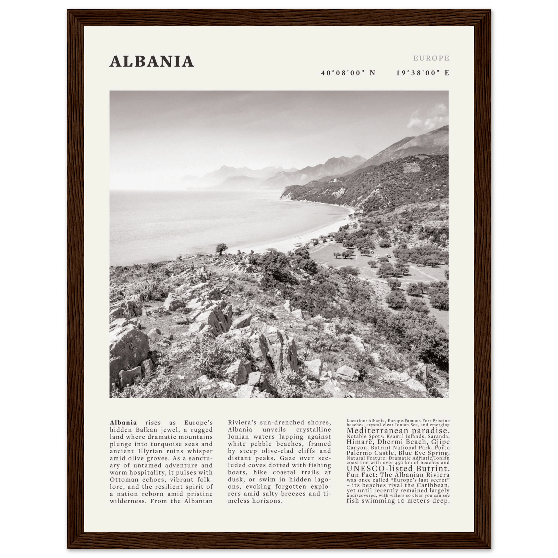 Albania Poster Black and White – Vintage Albanian Riviera Travel Print (Digital & Printed Options) - Evergreen Posters