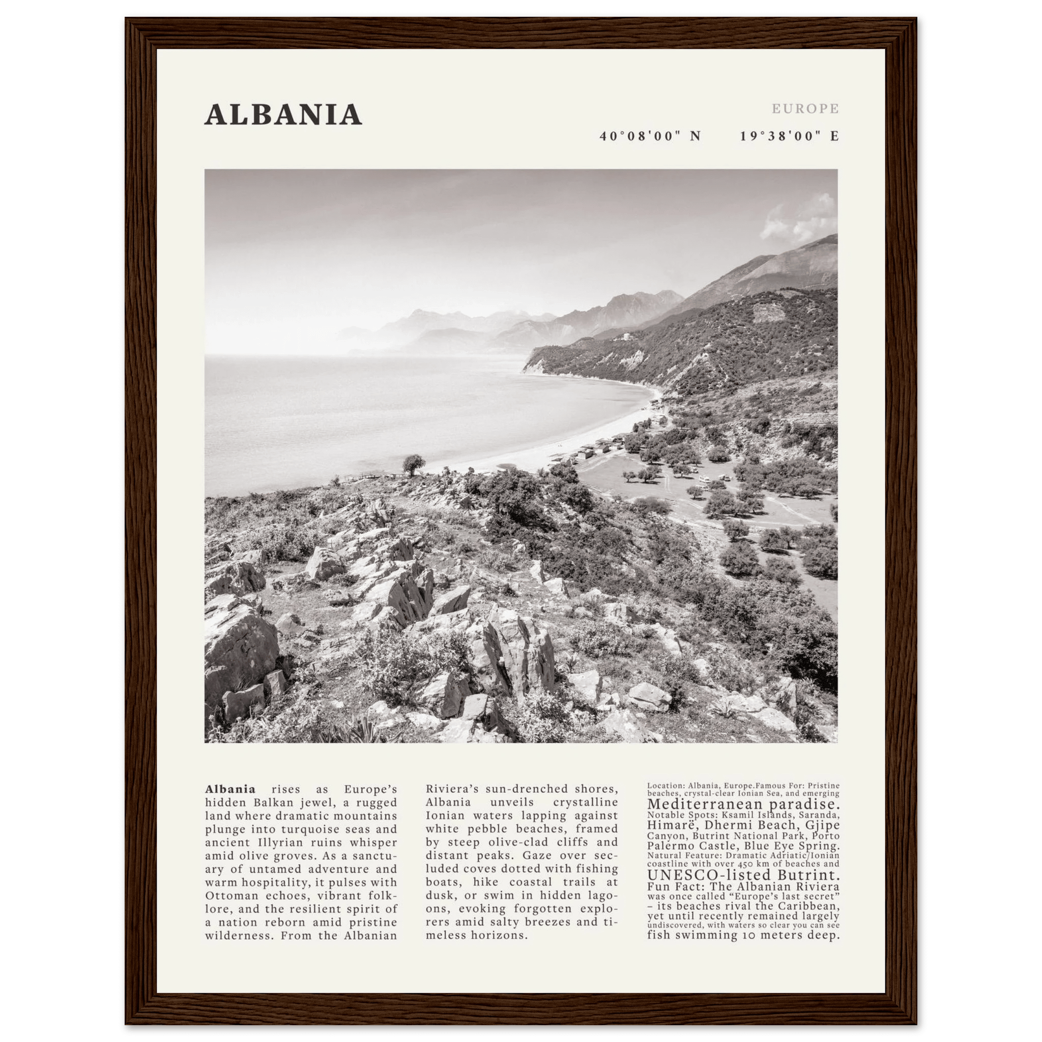 Albania Poster Black and White – Vintage Albanian Riviera Travel Print (Digital & Printed Options) - Evergreen Posters