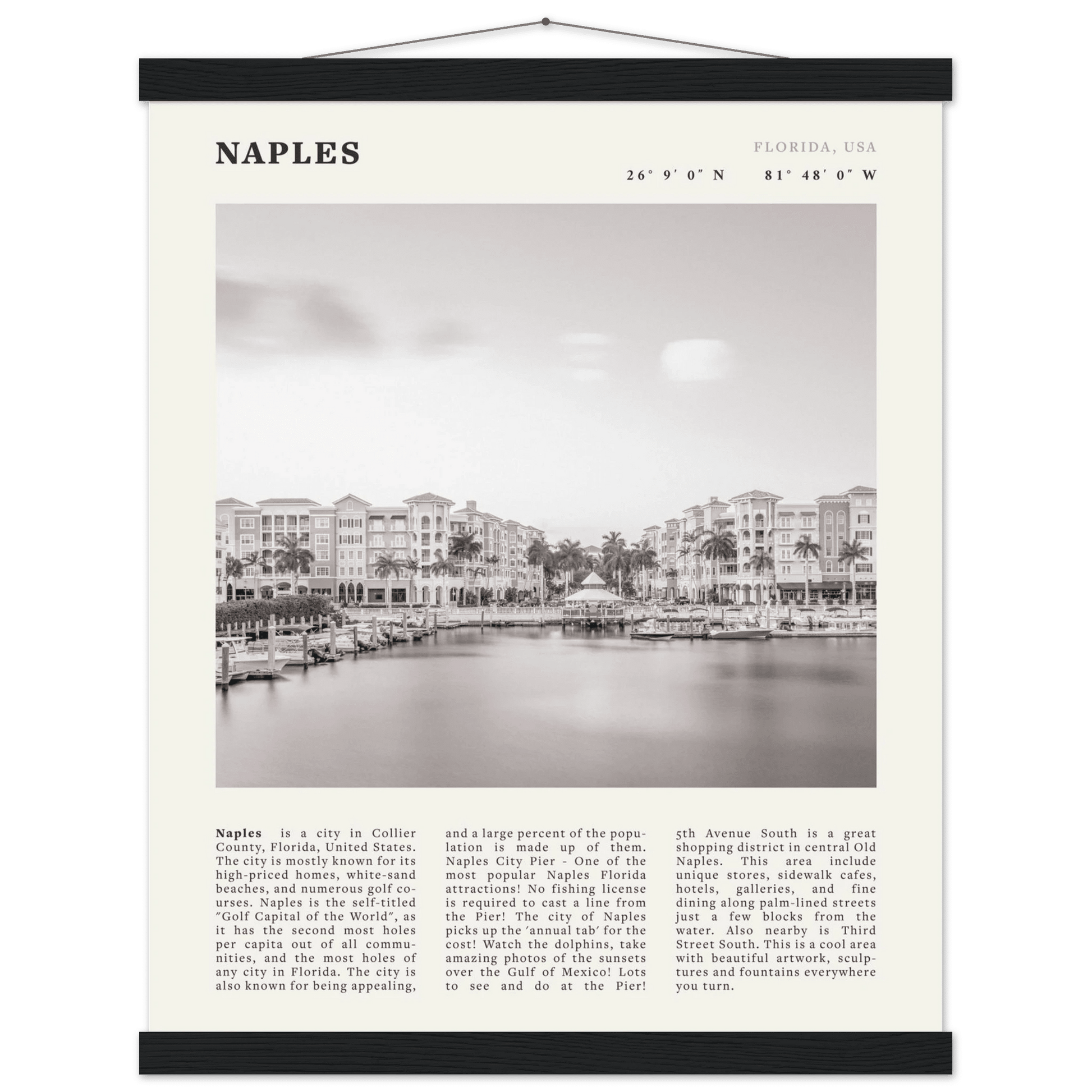Naples Florida Poster | Black & White Gulf Coast Wall Art | FL Travel Print - Evergreen Posters