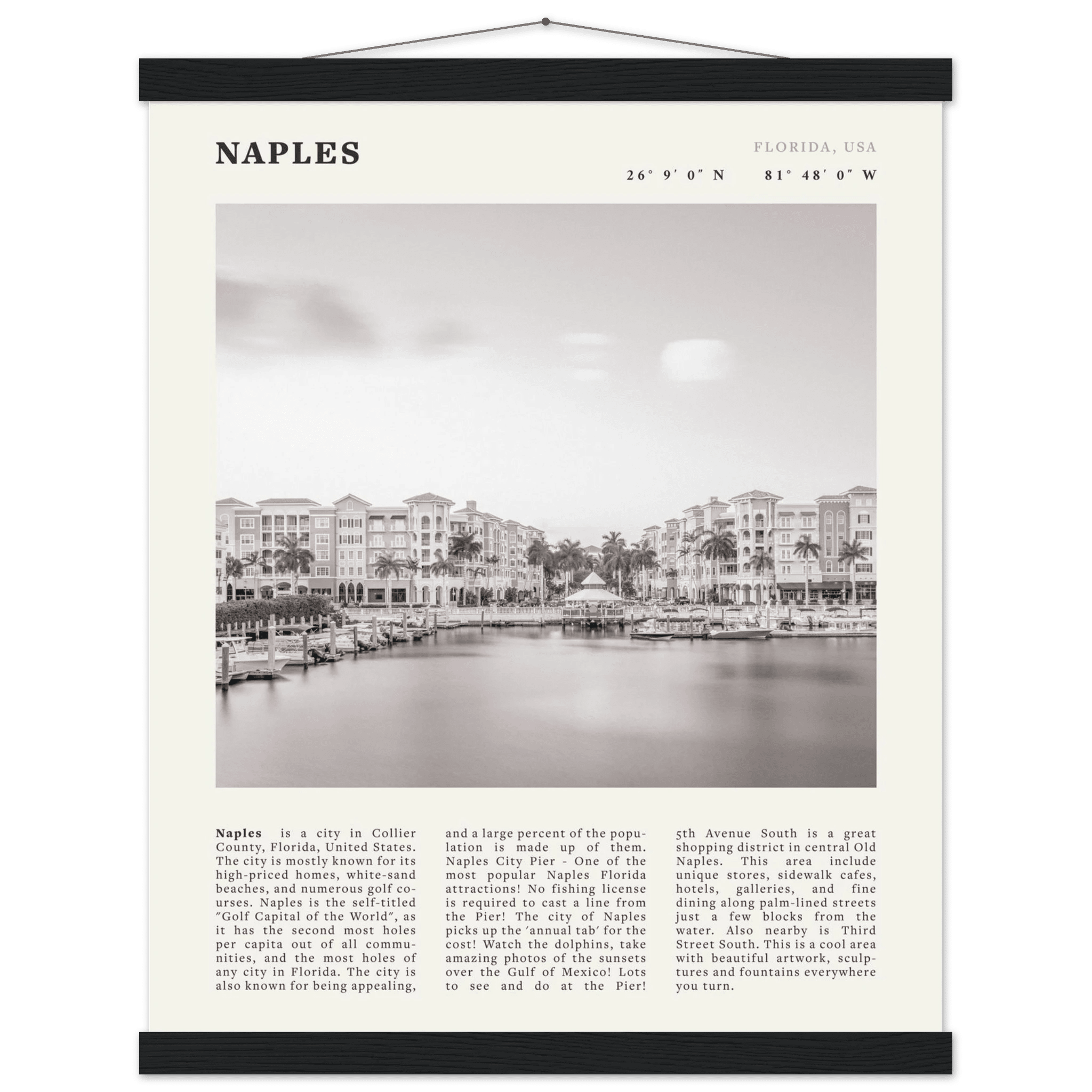 Naples Florida Poster | Black & White Gulf Coast Wall Art | FL Travel Print - Evergreen Posters