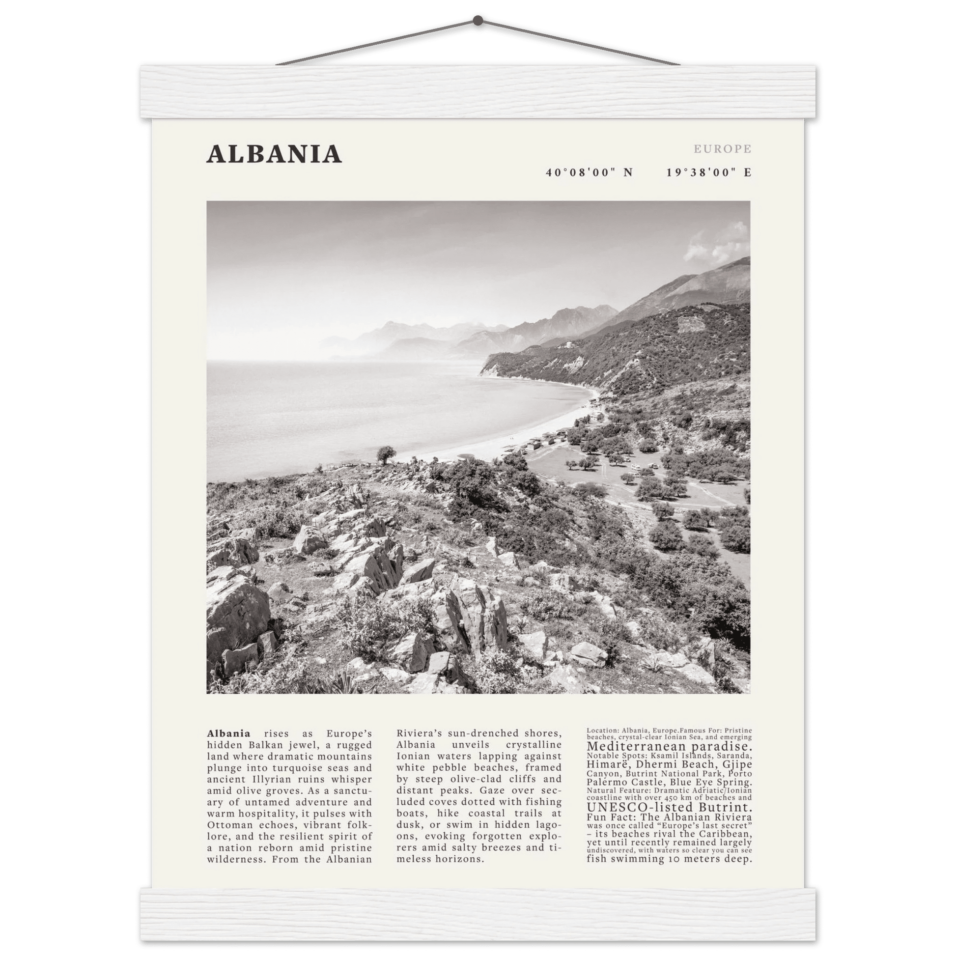 Albania Poster Black and White – Vintage Albanian Riviera Travel Print (Digital & Printed Options) - Evergreen Posters