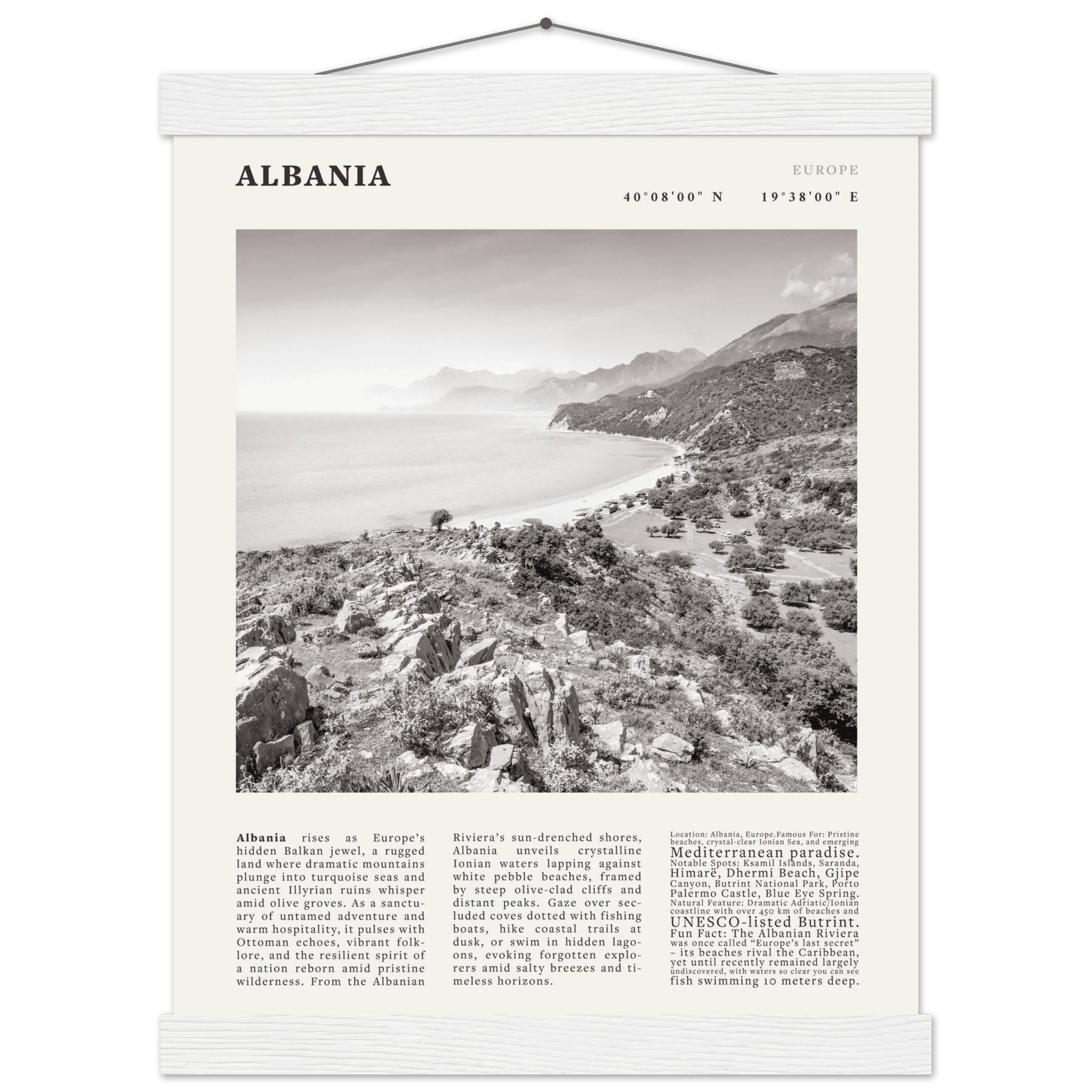 Albania Poster Black and White – Vintage Albanian Riviera Travel Print (Digital & Printed Options) - Evergreen Posters