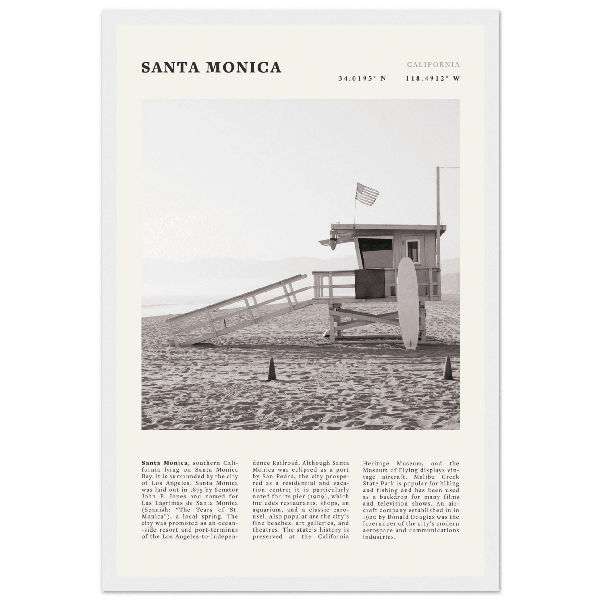 Santa Monica Poster | Black & White California Wall Art | Beach Travel Print | Coastal Decor - Evergreen Posters