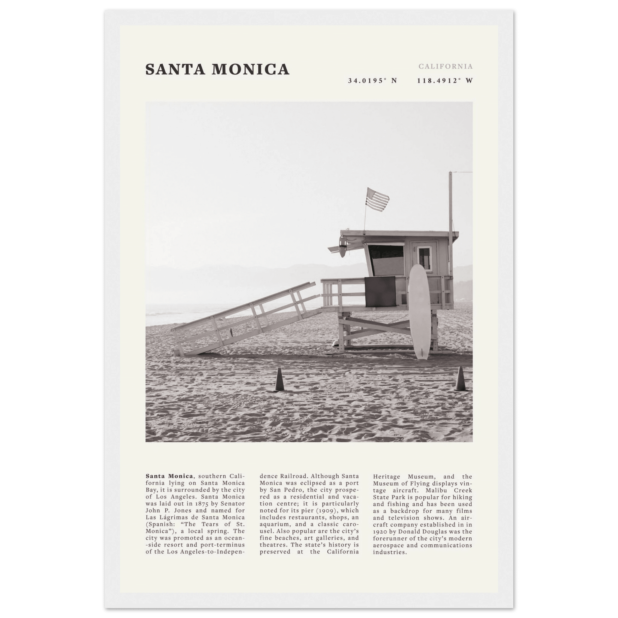Santa Monica Poster | Black & White California Wall Art | Beach Travel Print | Coastal Decor - Evergreen Posters