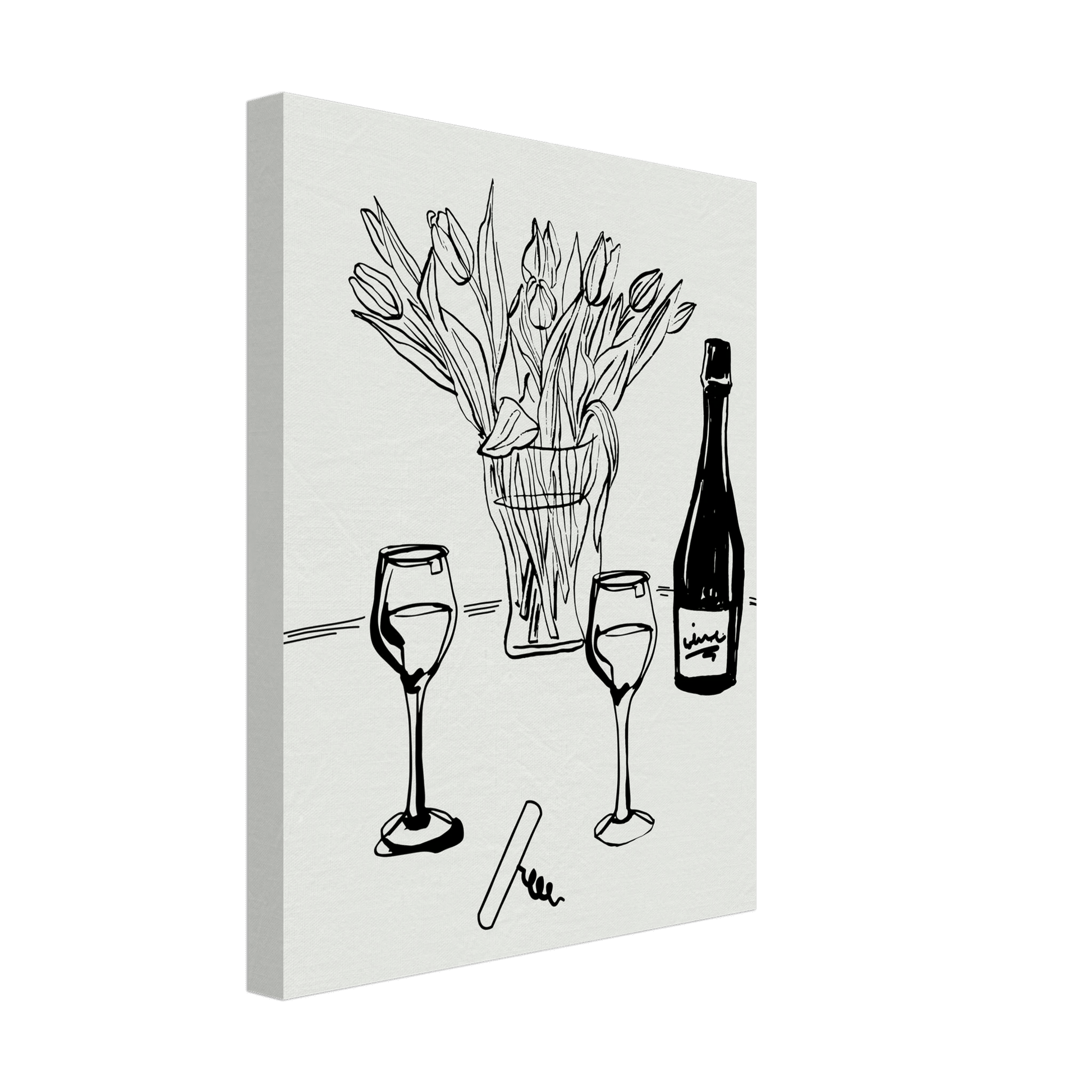 Wine & Tulips Print | Black Line Art Wine Bottle Wall Art | Minimalist Kitchen Poster - Evergreen Posters