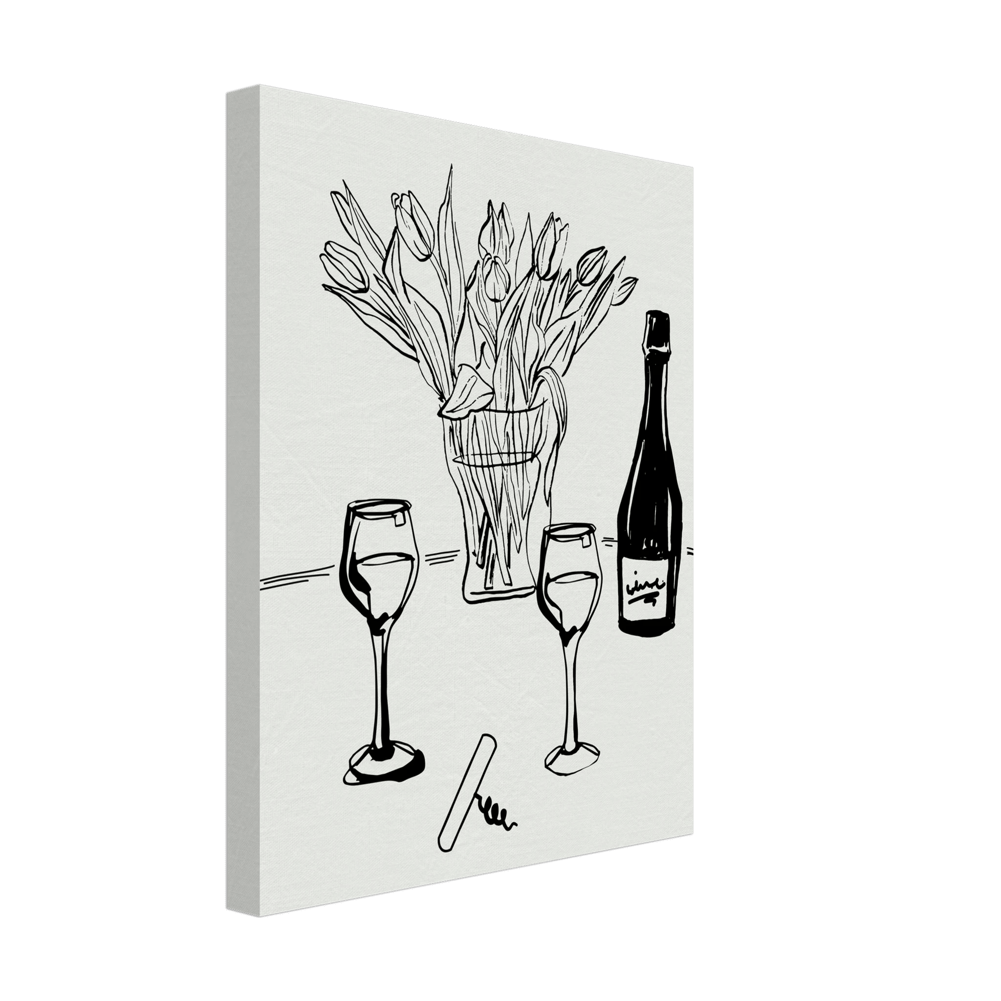 Wine & Tulips Print | Black Line Art Wine Bottle Wall Art | Minimalist Kitchen Poster - Evergreen Posters
