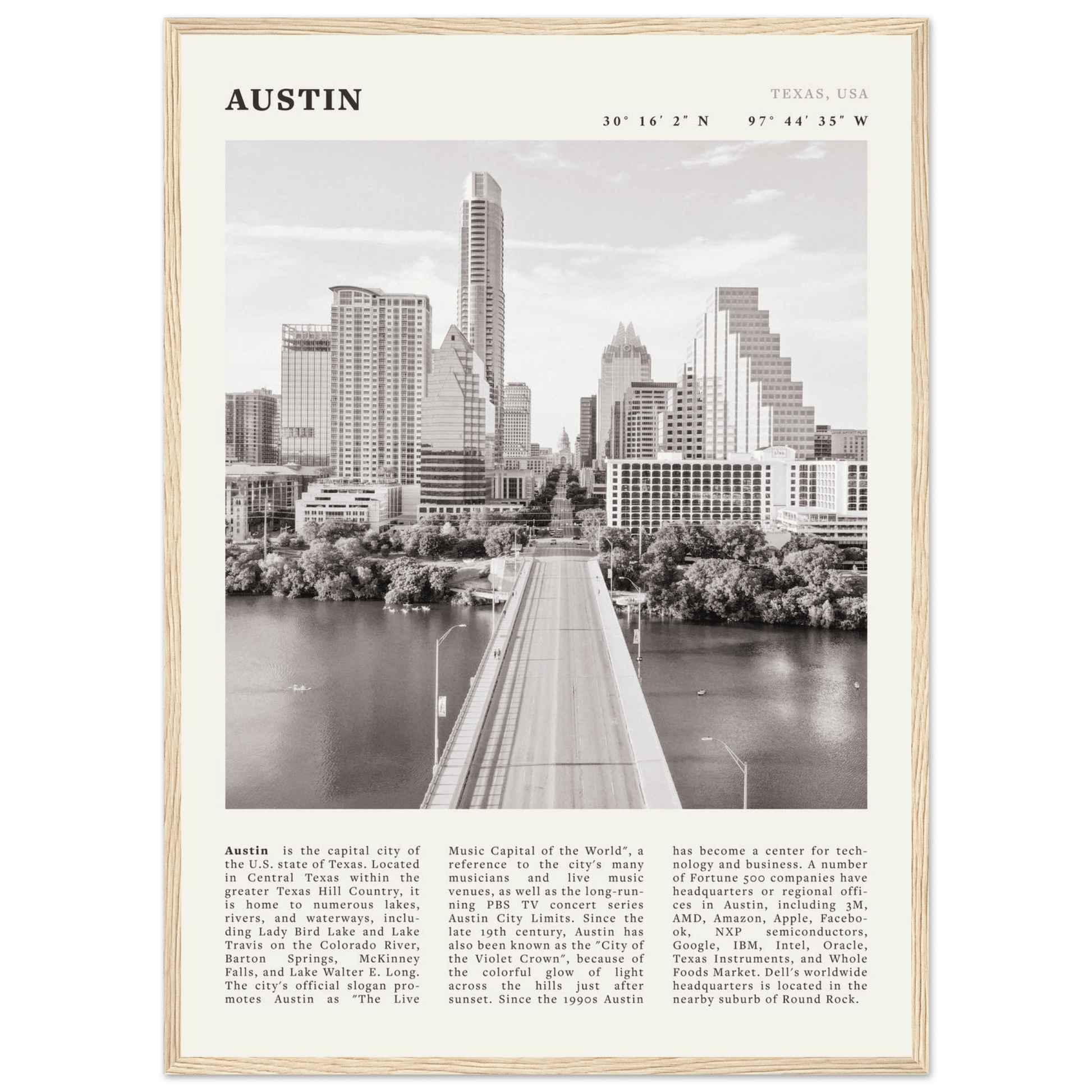 Austin Poster | Black & White Texas Skyline Wall Art | City Travel Print Decor - Evergreen Posters