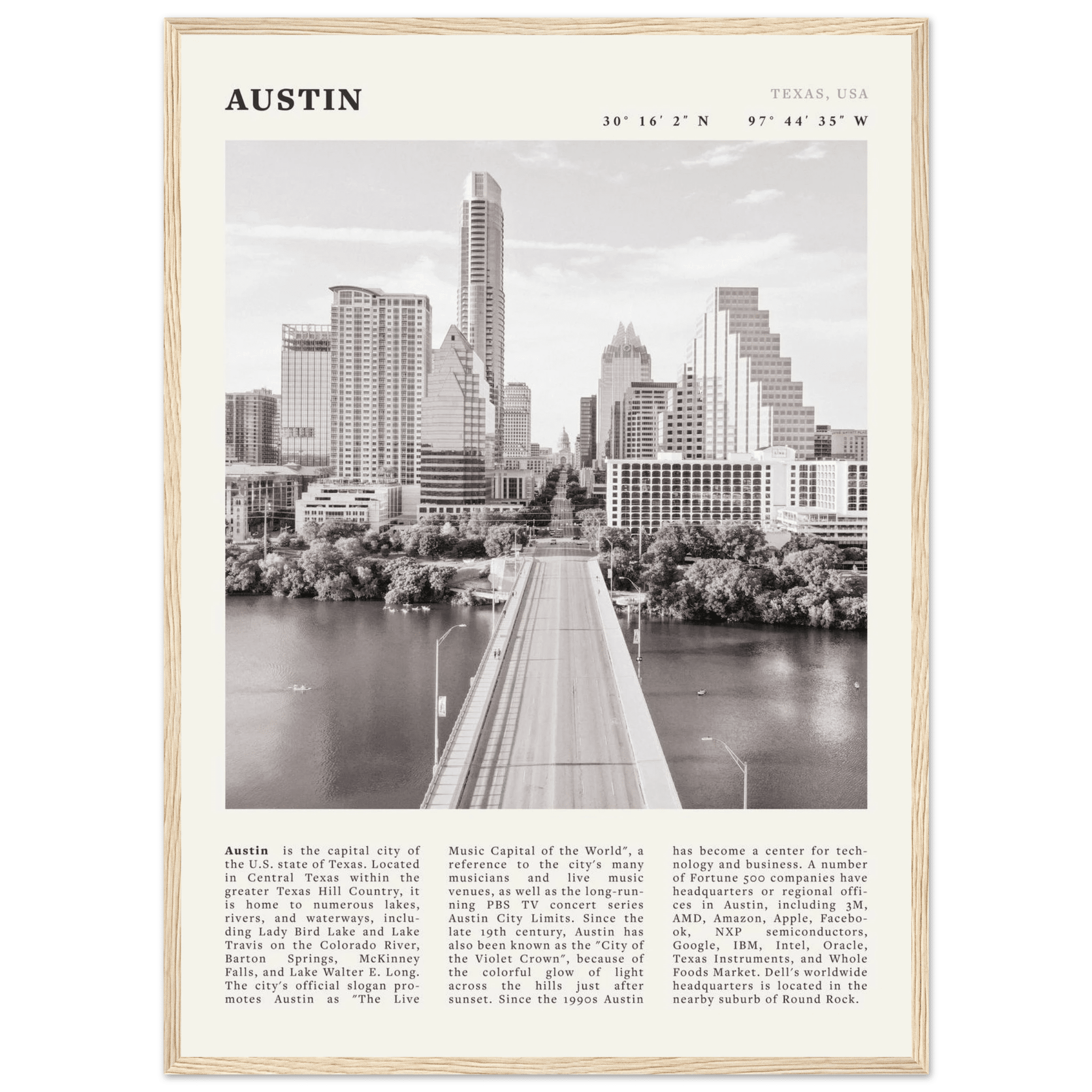 Austin Poster | Black & White Texas Skyline Wall Art | City Travel Print Decor - Evergreen Posters