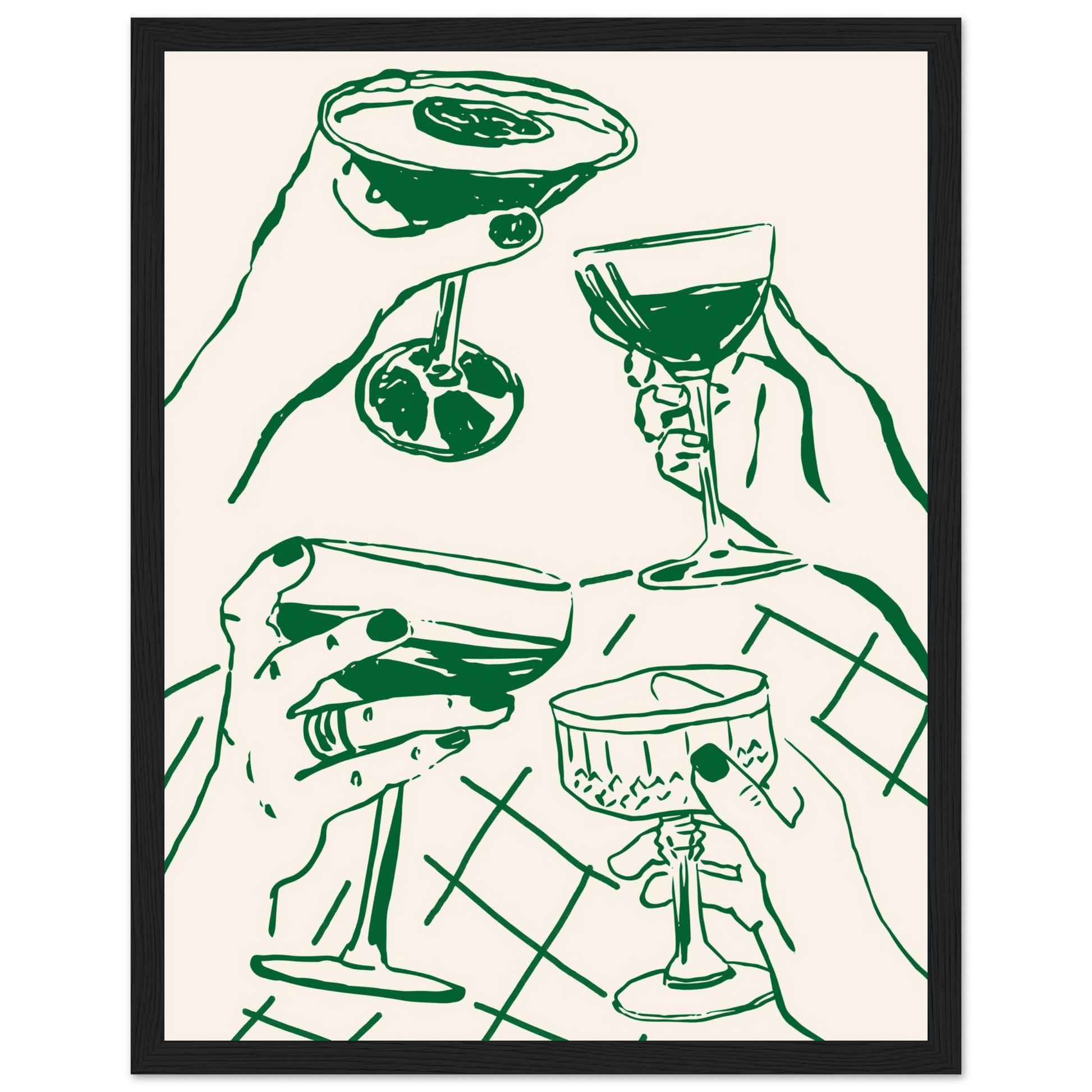 Cheers Print | Forest Green Cocktail Glasses Wall Art | Kitchen Bar Poster - Evergreen Posters
