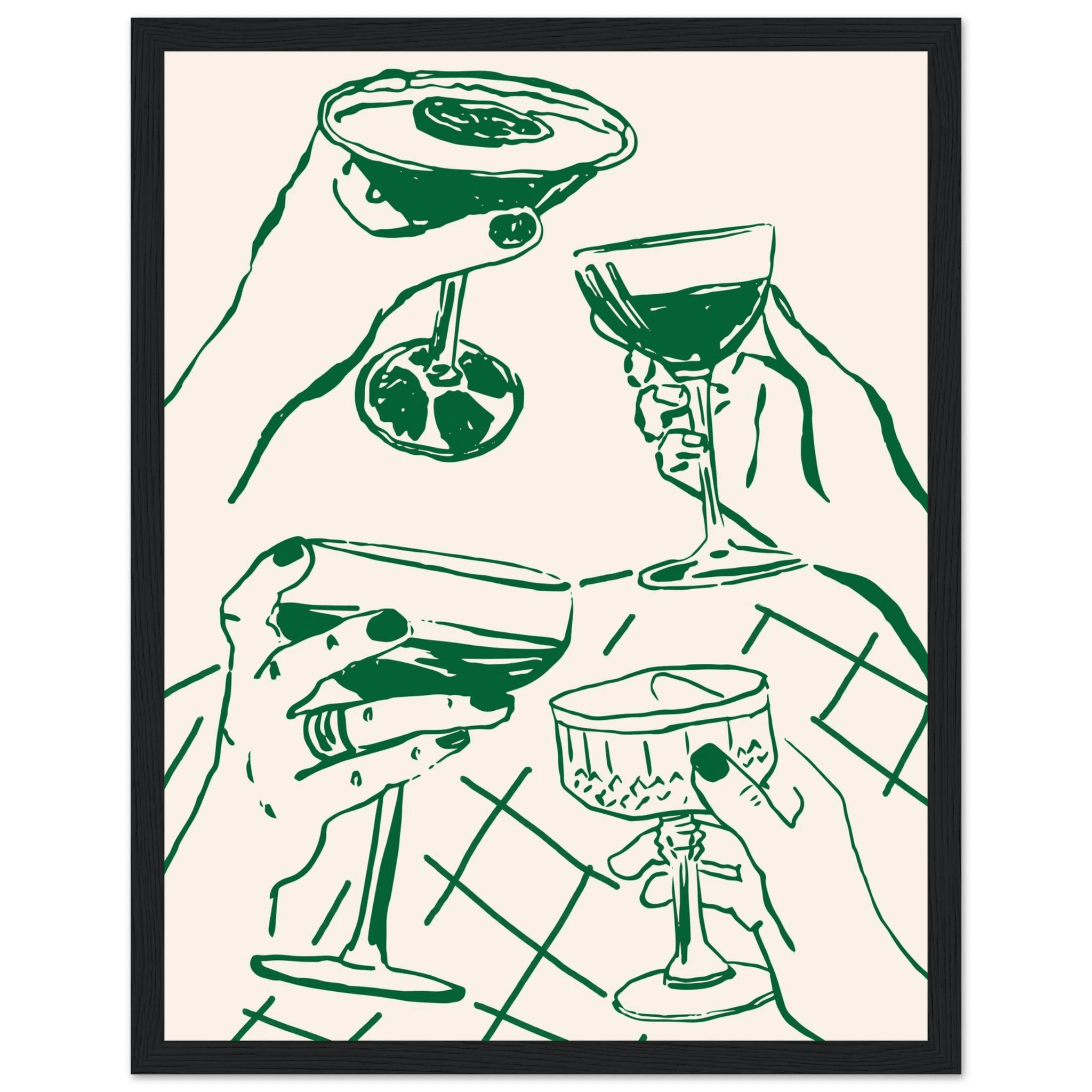 Cheers Print | Forest Green Cocktail Glasses Wall Art | Kitchen Bar Poster - Evergreen Posters