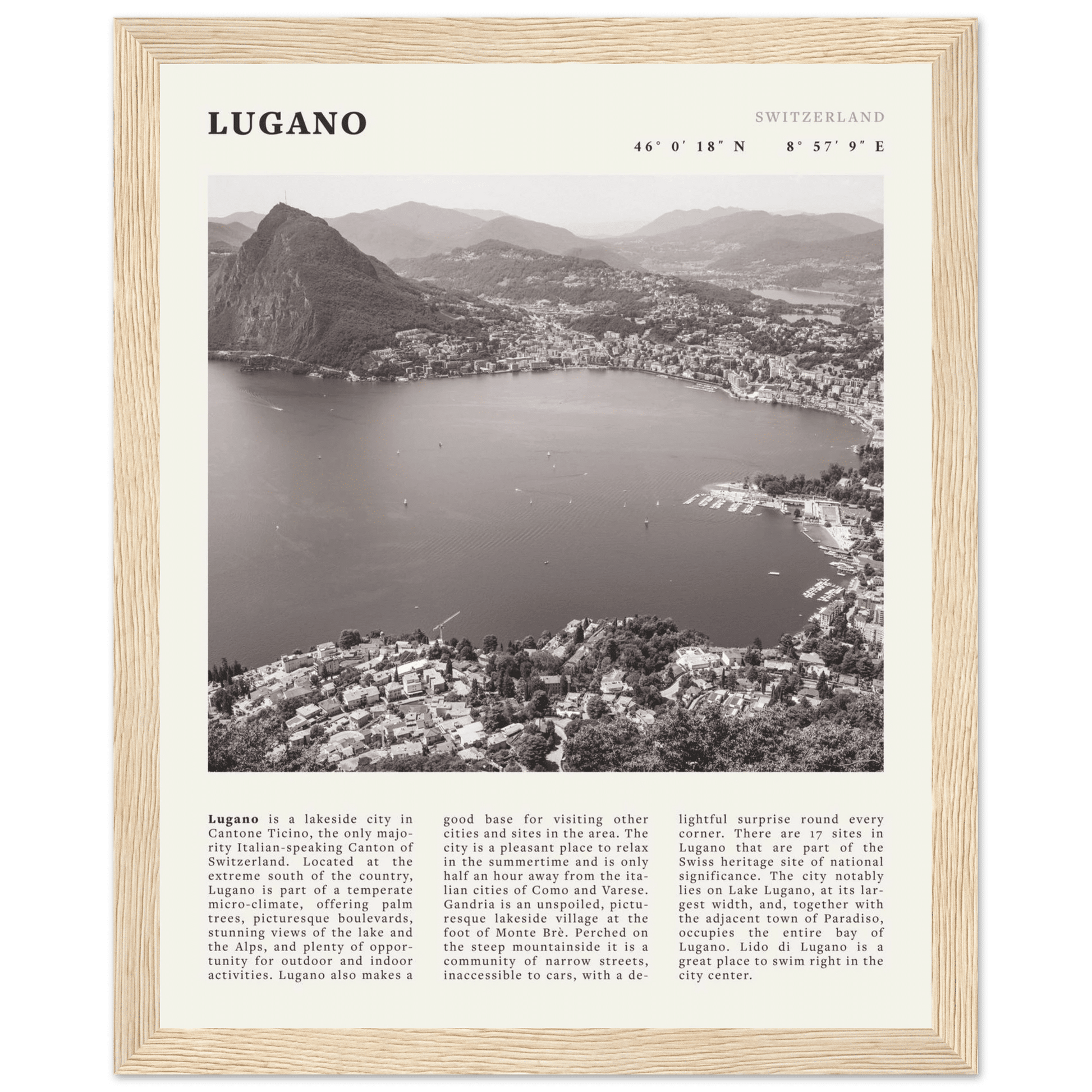 Lugano Poster | Black & White Swiss Lake Wall Art | Switzerland Travel Print - Evergreen Posters