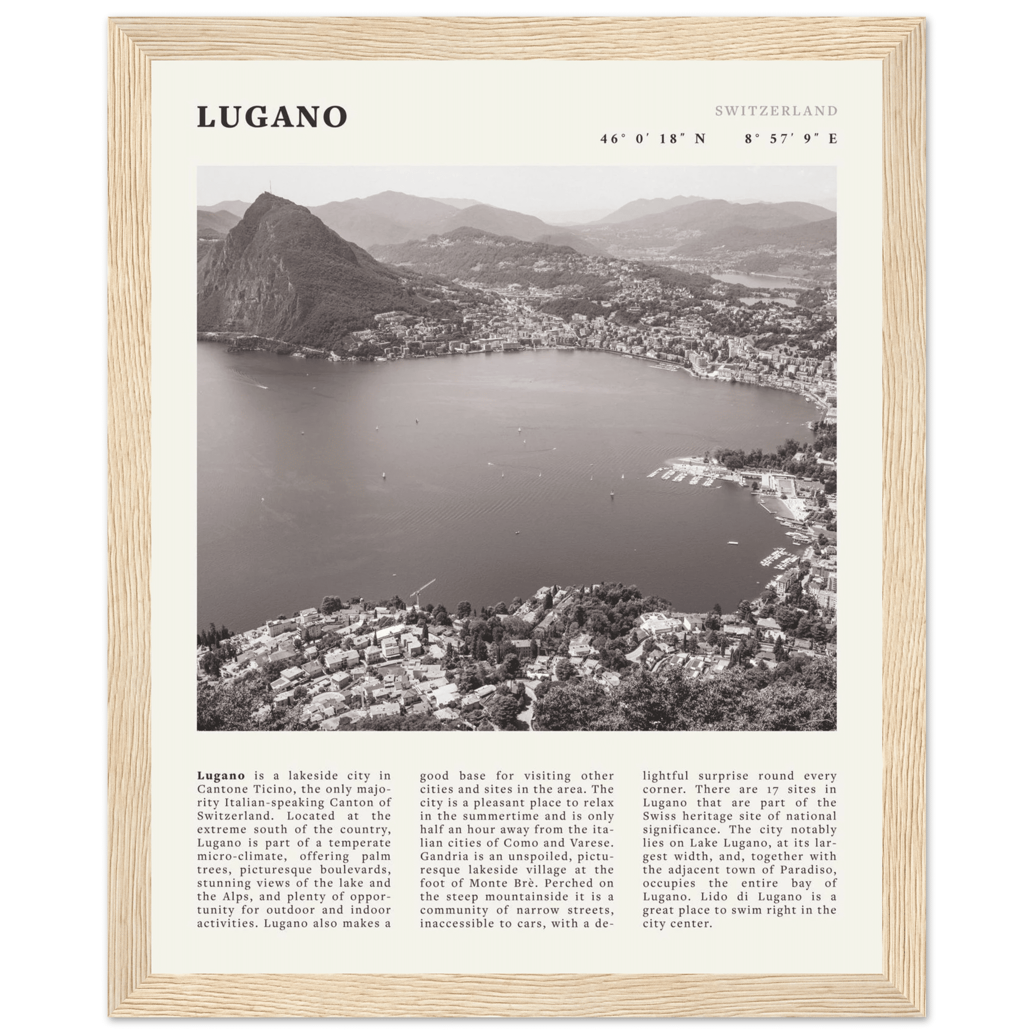 Lugano Poster | Black & White Swiss Lake Wall Art | Switzerland Travel Print - Evergreen Posters
