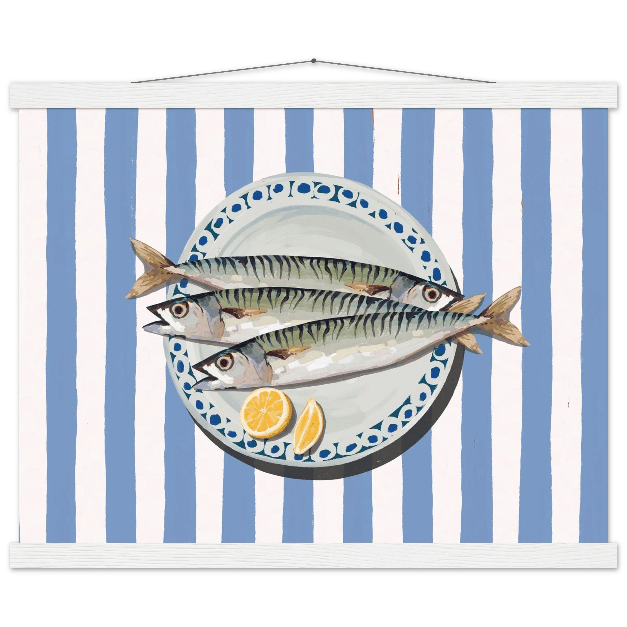 Sardines Print | Blue Stripe Fish Kitchen Wall Art | Coastal Food Poster - Evergreen Posters
