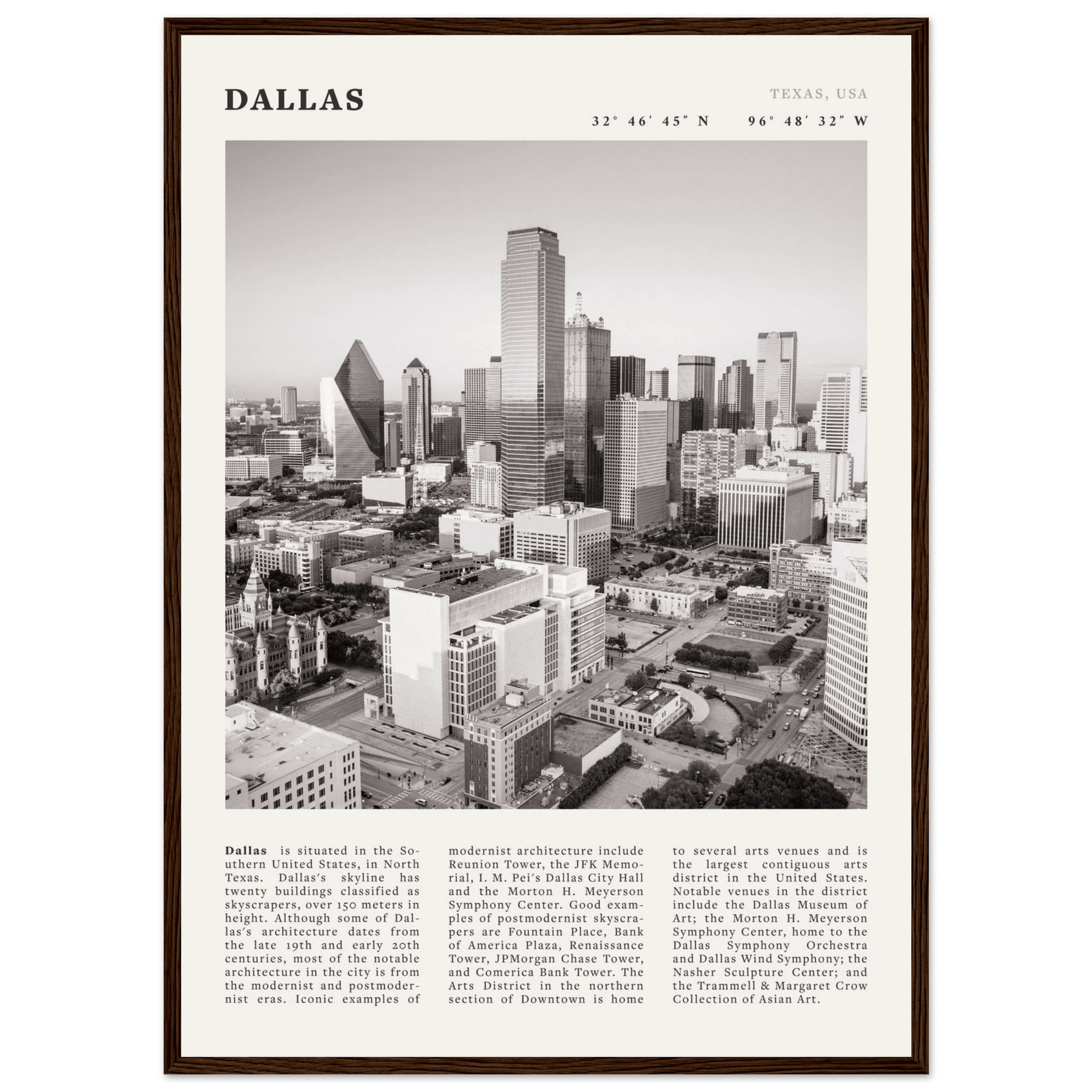 Dallas Poster | Black & White Texas Skyline Wall Art | City Travel Print Decor - Evergreen Posters