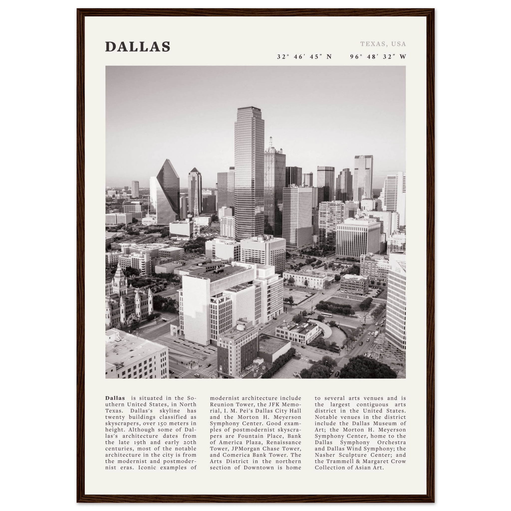 Dallas Poster | Black & White Texas Skyline Wall Art | City Travel Print Decor - Evergreen Posters