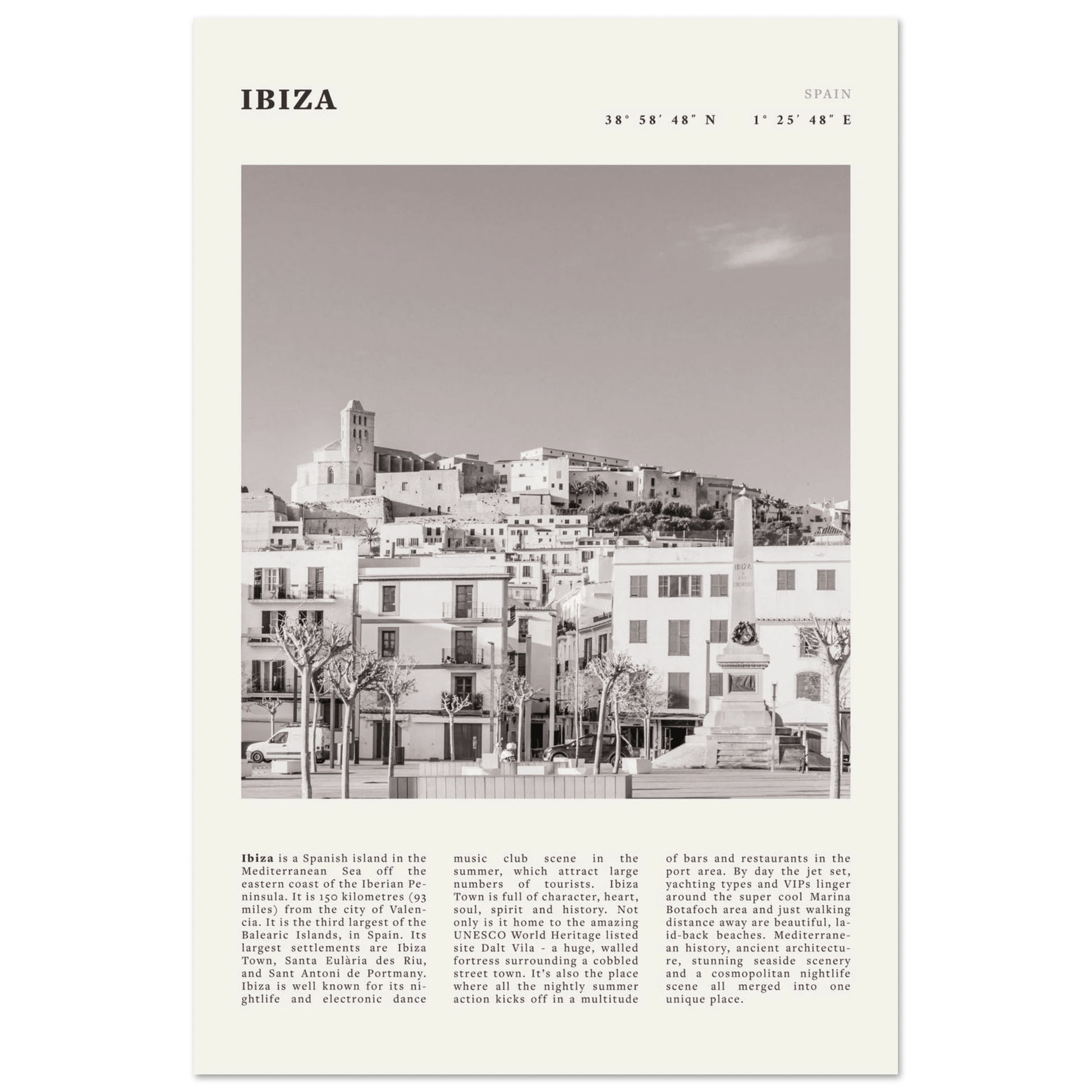 Ibiza Poster | Black & White Spanish Island Wall Art | Spain Travel Print - Evergreen Posters