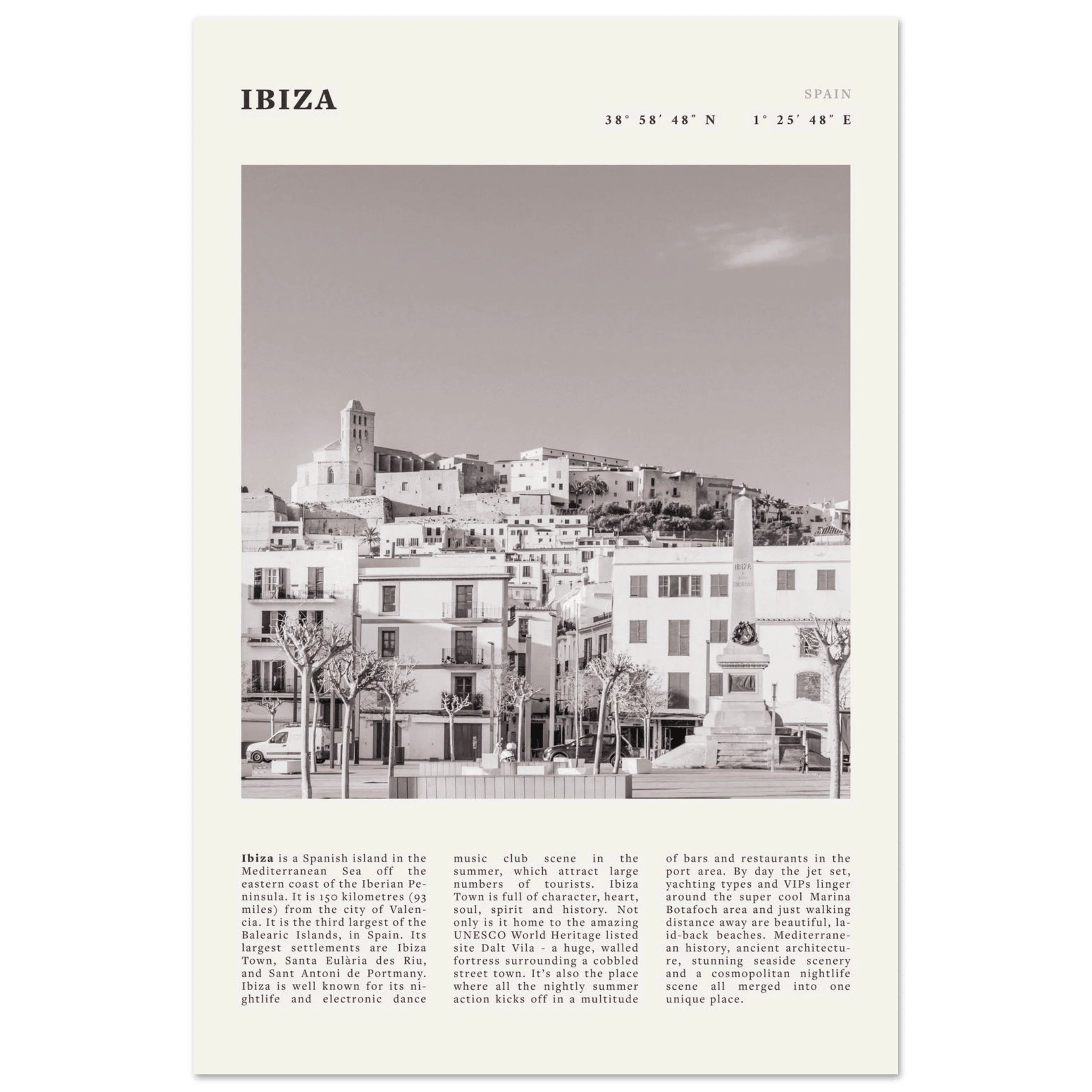 Ibiza Poster | Black & White Spanish Island Wall Art | Spain Travel Print - Evergreen Posters