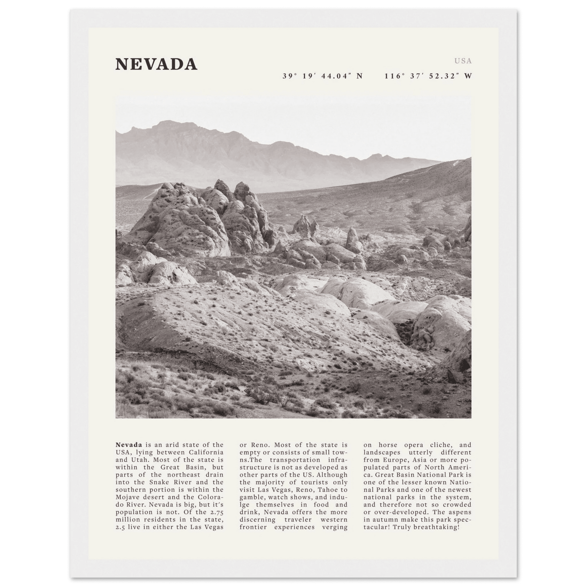 Nevada Poster | Black & White Desert Landscape Wall Art | USA Travel Print Decor - Evergreen Posters