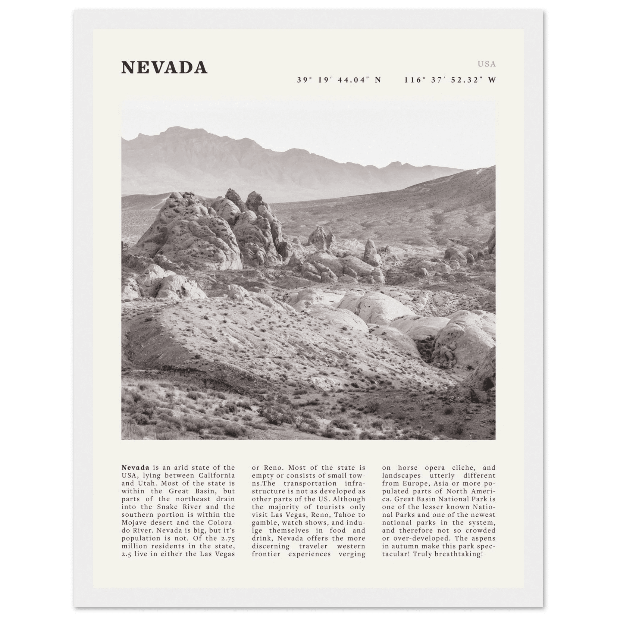 Nevada Poster | Black & White Desert Landscape Wall Art | USA Travel Print Decor - Evergreen Posters
