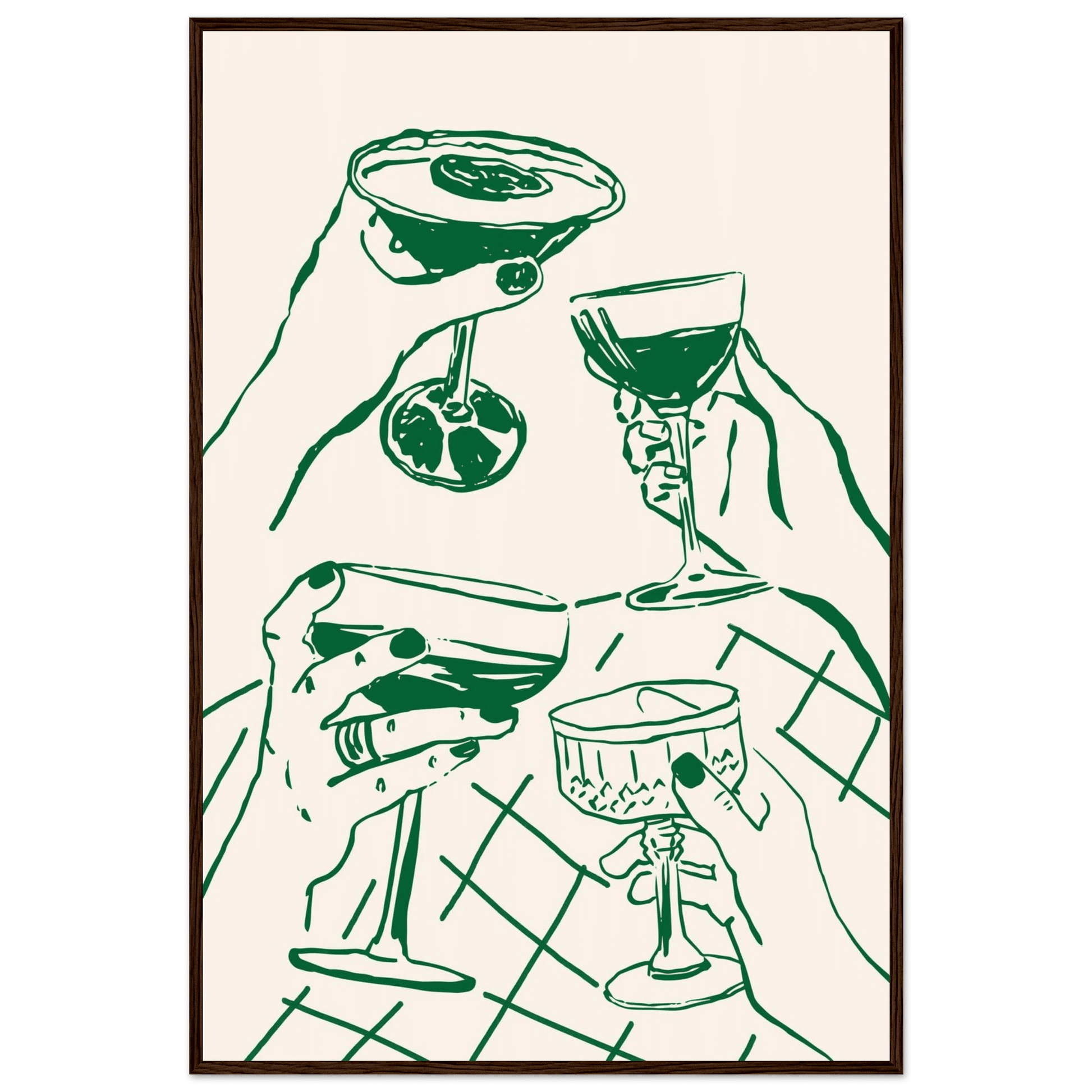 Cheers Print | Forest Green Cocktail Glasses Wall Art | Kitchen Bar Poster - Evergreen Posters