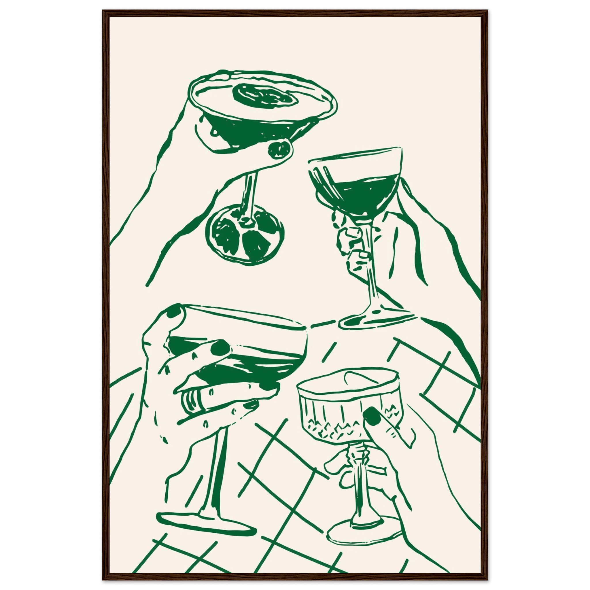 Cheers Print | Forest Green Cocktail Glasses Wall Art | Kitchen Bar Poster - Evergreen Posters