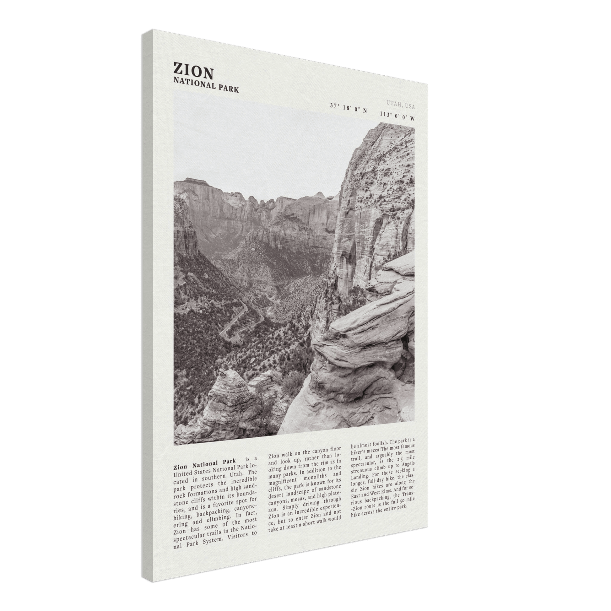 Zion National Park Poster | Black & White Utah Canyon Wall Art | USA Travel Print - Evergreen Posters