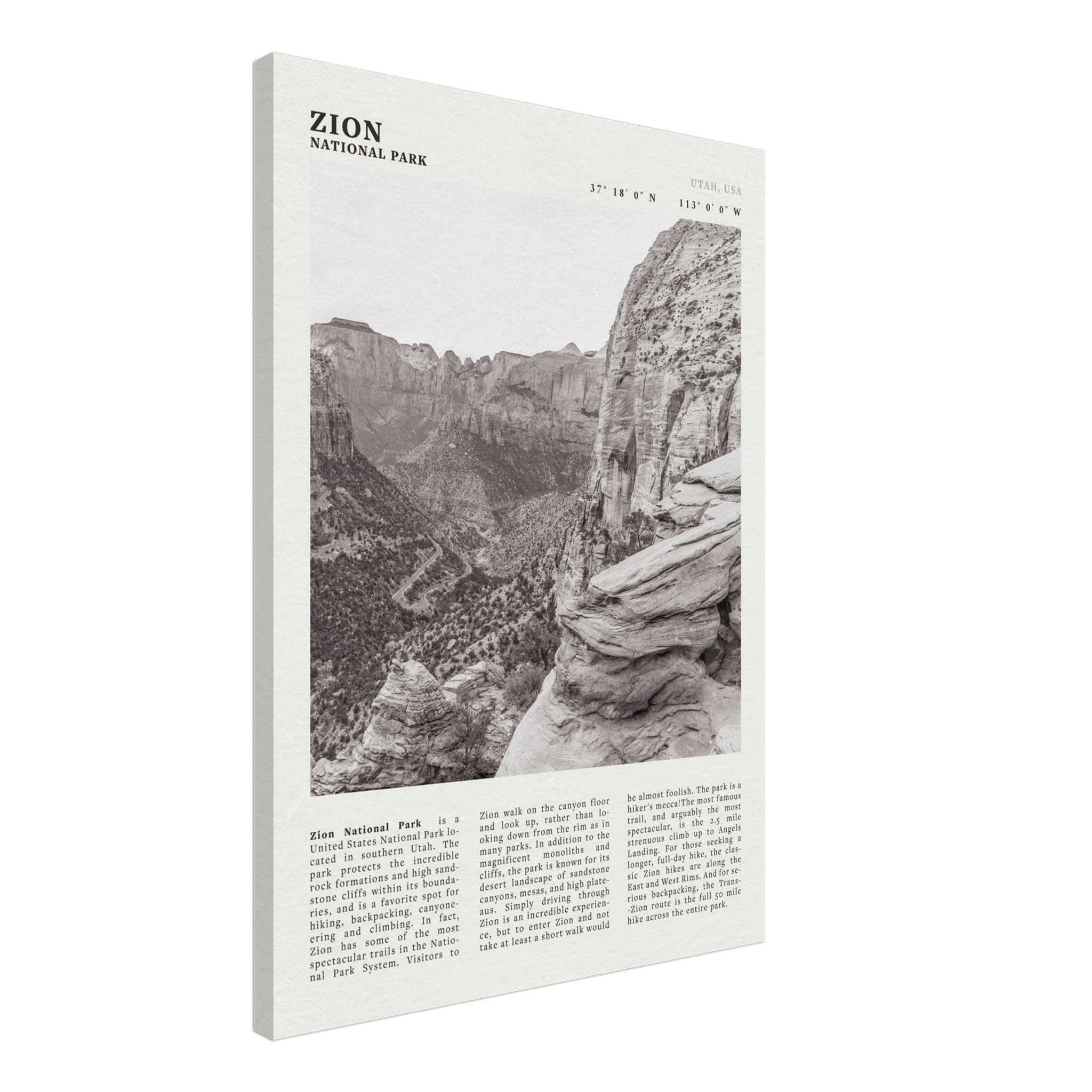 Zion National Park Poster | Black & White Utah Canyon Wall Art | USA Travel Print - Evergreen Posters